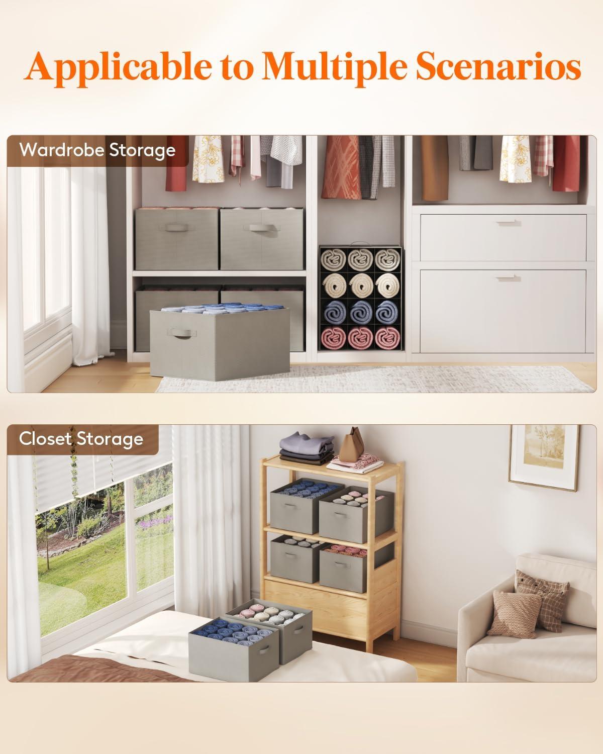 image:imageLifewit 3 Pack Clothes Organizer 6 Grids Closet Jean Storage Bins with Handles and Support Boards Foldable Drawer Organizer for Sweater Pants Tshirt Dress Grey Size 165x106x716