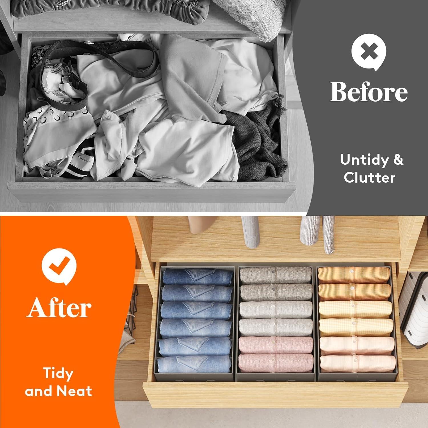 image:imageLifewit 3 Pack Clothes Organizer 6 Grids Closet Jean Storage Bins with Handles and Support Boards Foldable Drawer Organizer for Sweater Pants Tshirt Dress Grey Size 165x106x716