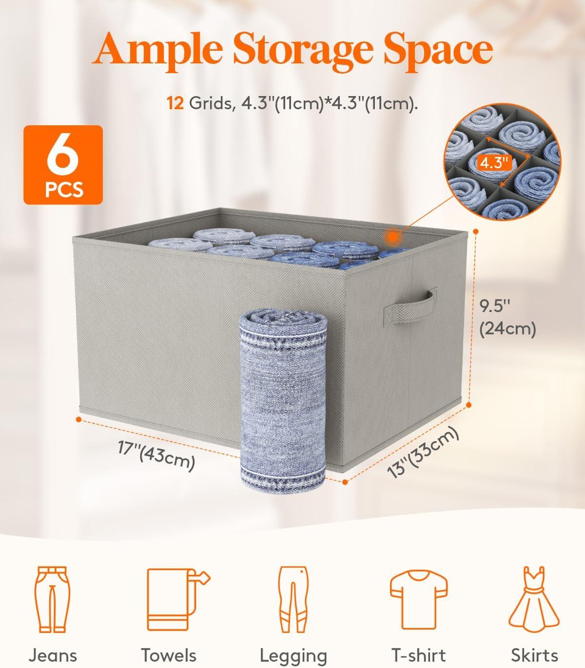 image:imageLifewit 3 Pack Clothes Organizer 6 Grids Closet Jean Storage Bins with Handles and Support Boards Foldable Drawer Organizer for Sweater Pants Tshirt Dress Grey Size 165x106x716