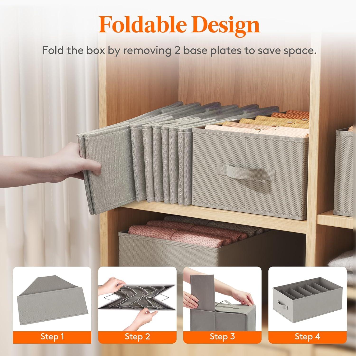 image:imageLifewit 3 Pack Clothes Organizer 6 Grids Closet Jean Storage Bins with Handles and Support Boards Foldable Drawer Organizer for Sweater Pants Tshirt Dress Grey Size 165x106x713