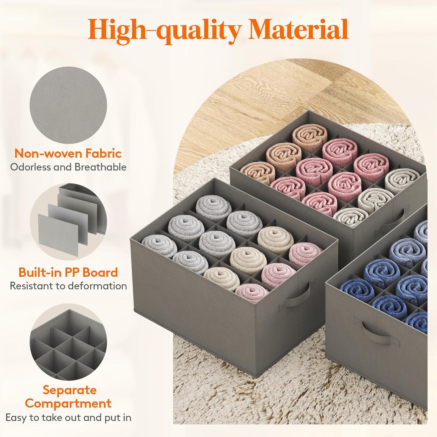 image:imageLifewit 3 Pack Clothes Organizer 6 Grids Closet Jean Storage Bins with Handles and Support Boards Foldable Drawer Organizer for Sweater Pants Tshirt Dress Grey Size 165x106x713