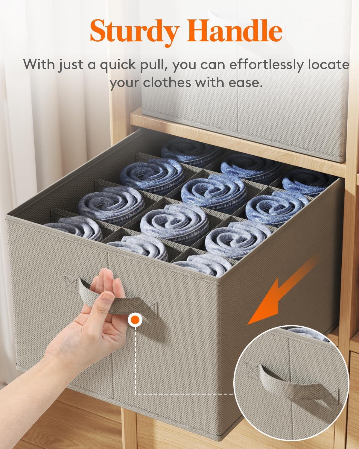 image:imageLifewit 3 Pack Clothes Organizer 6 Grids Closet Jean Storage Bins with Handles and Support Boards Foldable Drawer Organizer for Sweater Pants Tshirt Dress Grey Size 165x106x716
