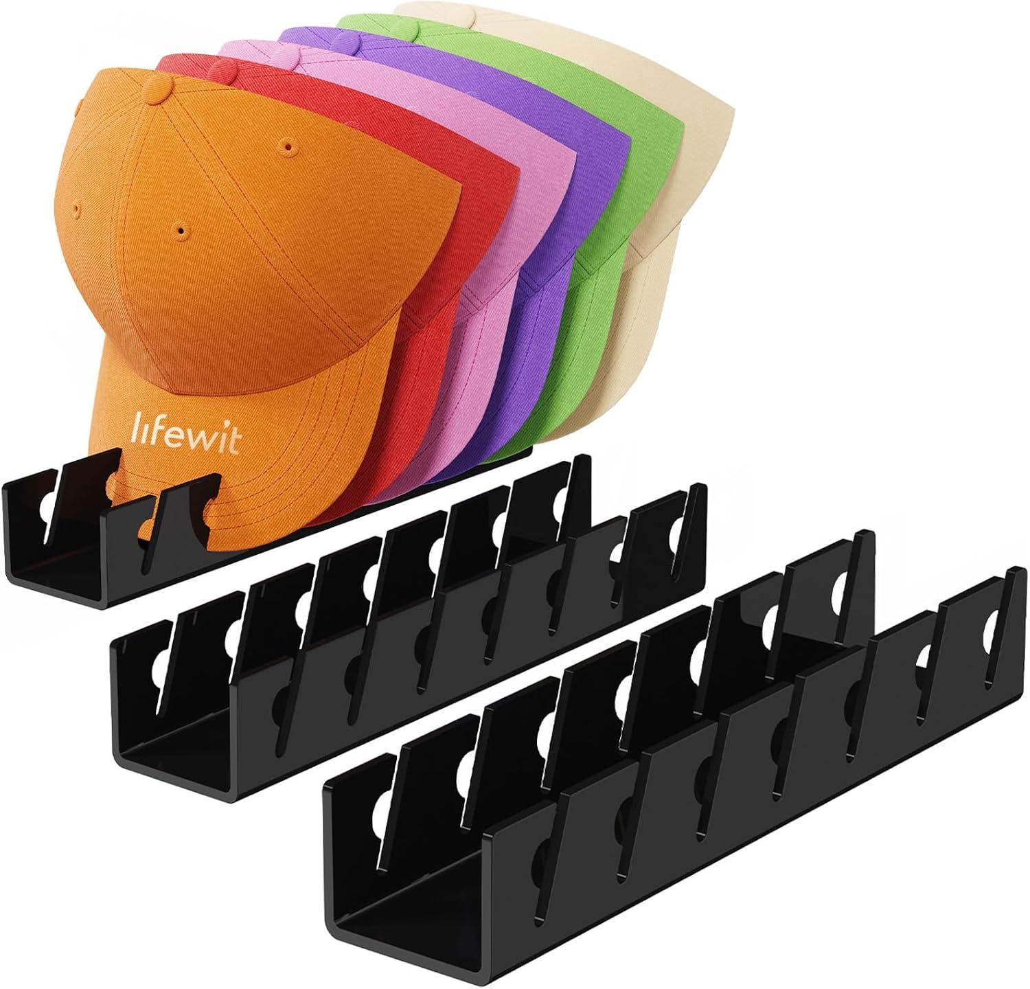 image:imageLifewit 3 Pack Hat Organizer for Baseball Caps Hat Storage Rack for 21 Ball Caps Hat Stand Shelf for Trucker Hat and Golf Cap in Closet Bedroom Dresser ClearBlack