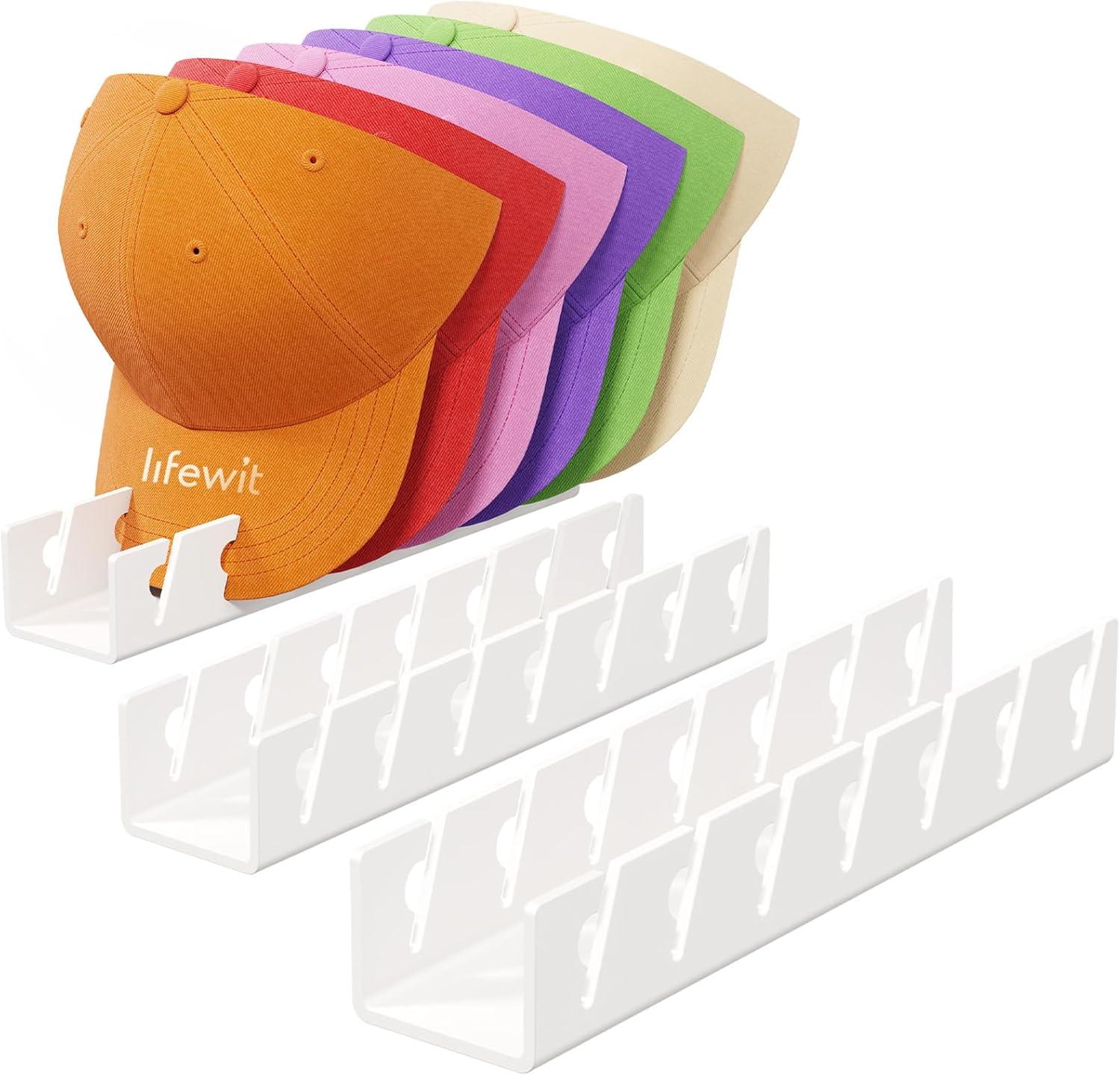 image:imageLifewit 3 Pack Hat Organizer for Baseball Caps Hat Storage Rack for 21 Ball Caps Hat Stand Shelf for Trucker Hat and Golf Cap in Closet Bedroom Dresser ClearWhite