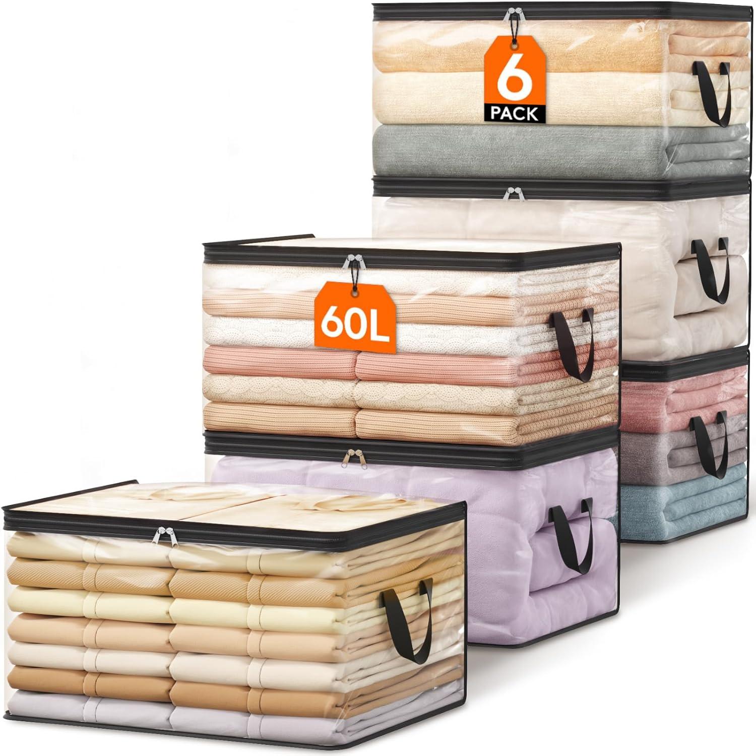 image:imageLifewit 6 Pack Clear Clothes Storage Bags 60L Plastic Blanket Vinyl Foldable Moving Bags with Zipper Closet Organizers and Storage Containers for Bedding Duvet Pillow6