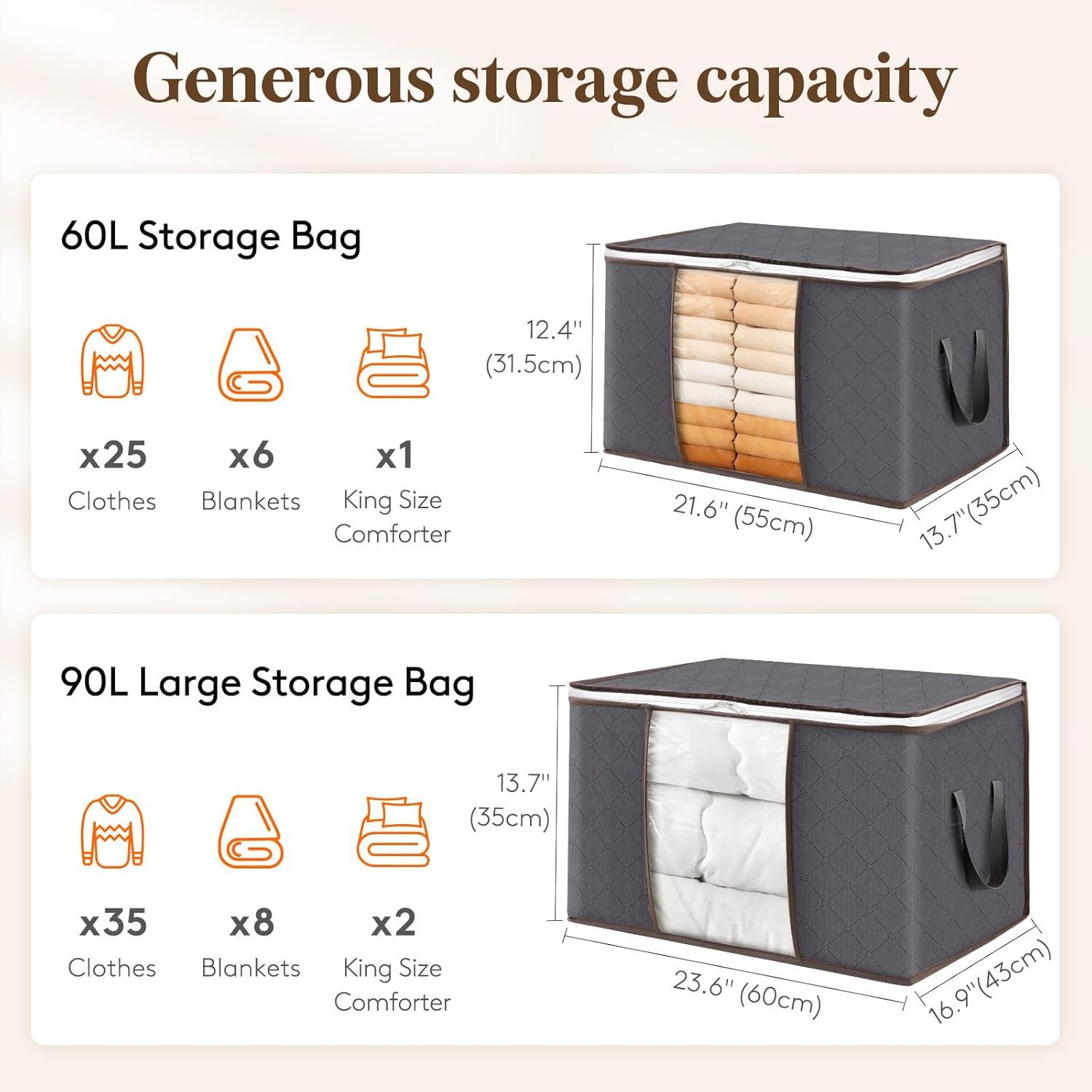 image:imageLifewit 6 Pack Clothes Storage Bag Foldable Storage Bin Closet Organizer with Reinforced Handle Sturdy Fabric Blanket Storage with Clear Window Storage Containers for Clothing Bedding Gray24