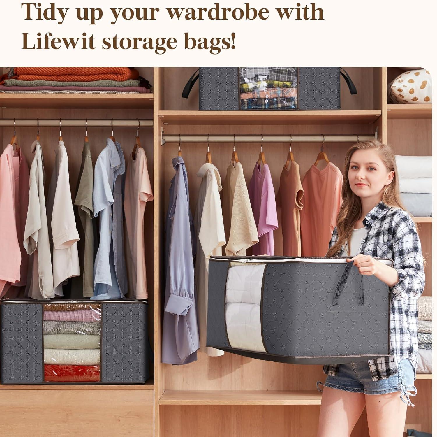 image:imageLifewit 6 Pack Clothes Storage Bag Foldable Storage Bin Closet Organizer with Reinforced Handle Sturdy Fabric Blanket Storage with Clear Window Storage Containers for Clothing Bedding Gray4