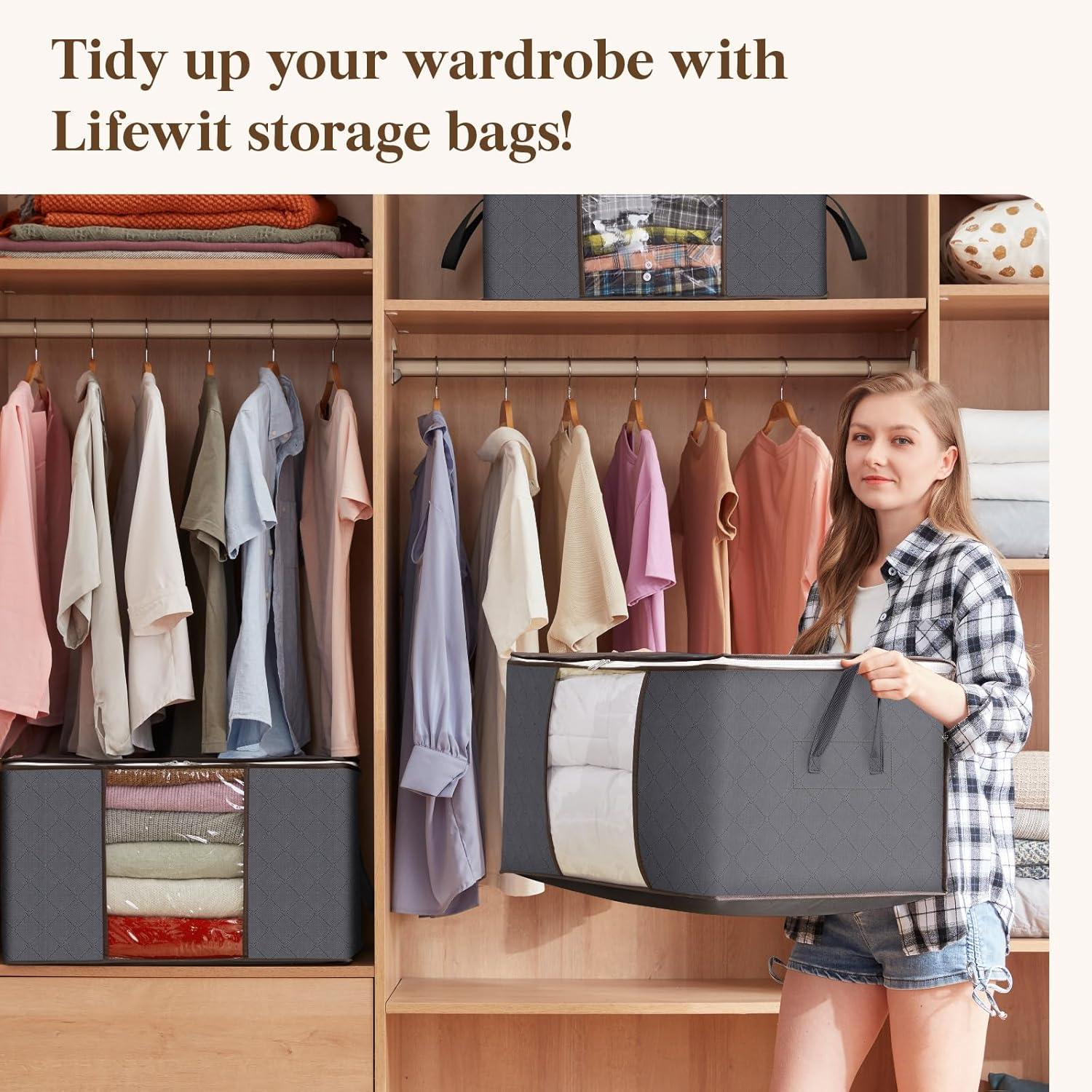 image:imageLifewit 6 Pack Clothes Storage Bag Foldable Storage Bin Closet Organizer with Reinforced Handle Sturdy Fabric Blanket Storage with Clear Window Storage Containers for Clothing Bedding Gray18