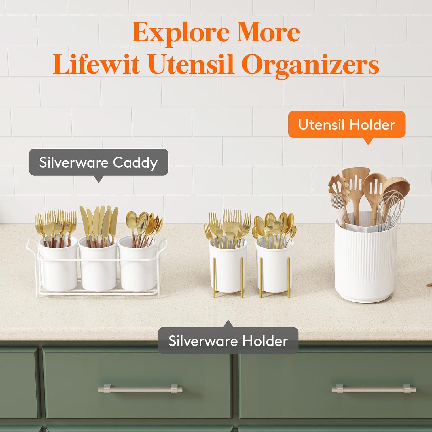 image:imageLifewit 75 Plastic Utensil Holder for Kitchen Counter Cooking Silverware Caddy with NonSlip Rotating Base 3 Compartment Spoon Spatula Cutlery Flatware Organizer with Dry Draining White 1 PackWhite