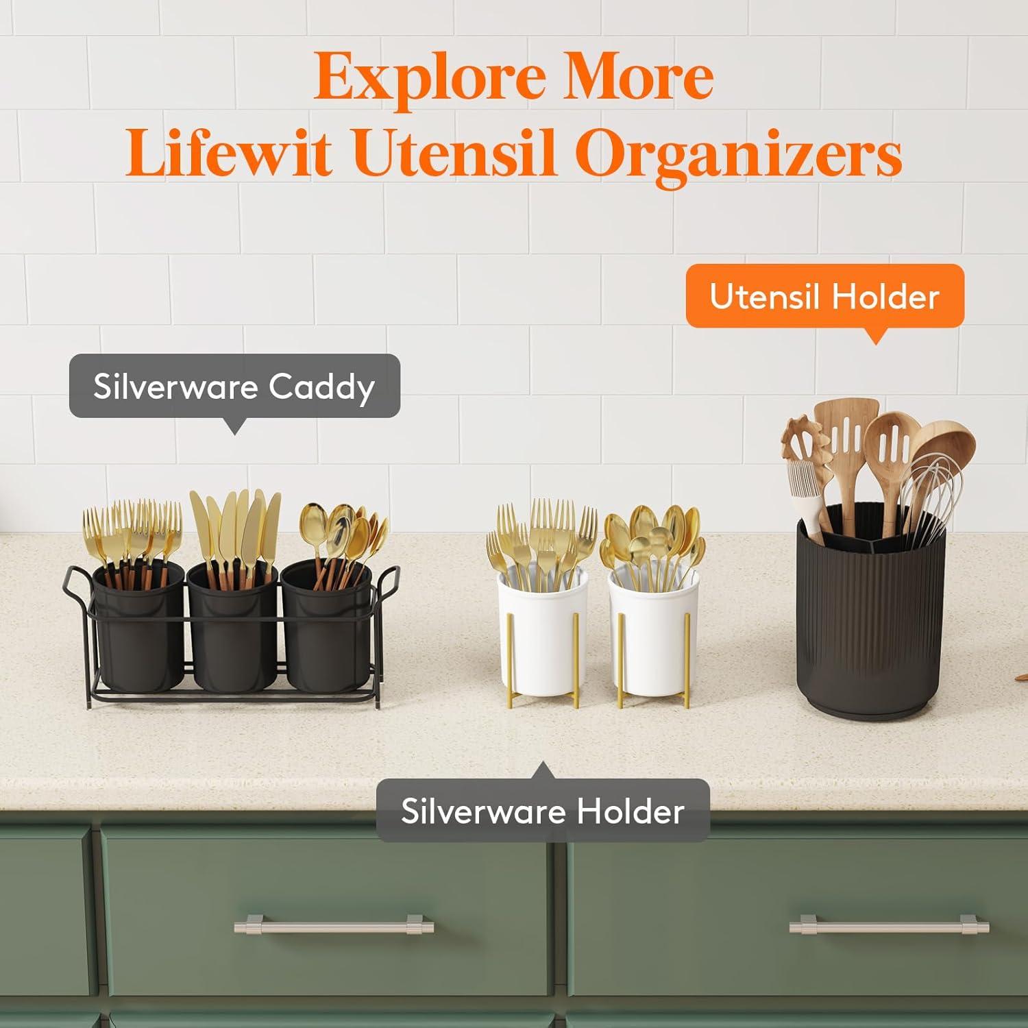 image:imageLifewit 75 Plastic Utensil Holder for Kitchen Counter Cooking Silverware Caddy with NonSlip Rotating Base 3 Compartment Spoon Spatula Cutlery Flatware Organizer with Dry Draining White 1 PackBlack