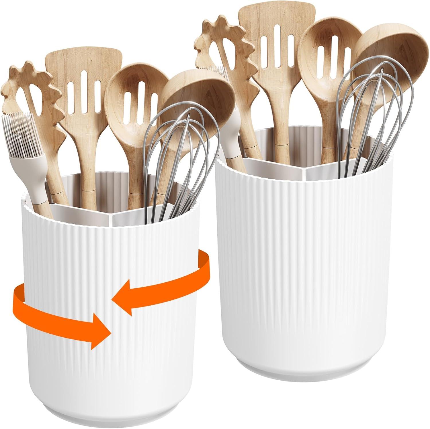 image:imageLifewit 75 Plastic Utensil Holder for Kitchen Counter Cooking Silverware Caddy with NonSlip Rotating Base 3 Compartment Spoon Spatula Cutlery Flatware Organizer with Dry Draining White 1 PackWhite
