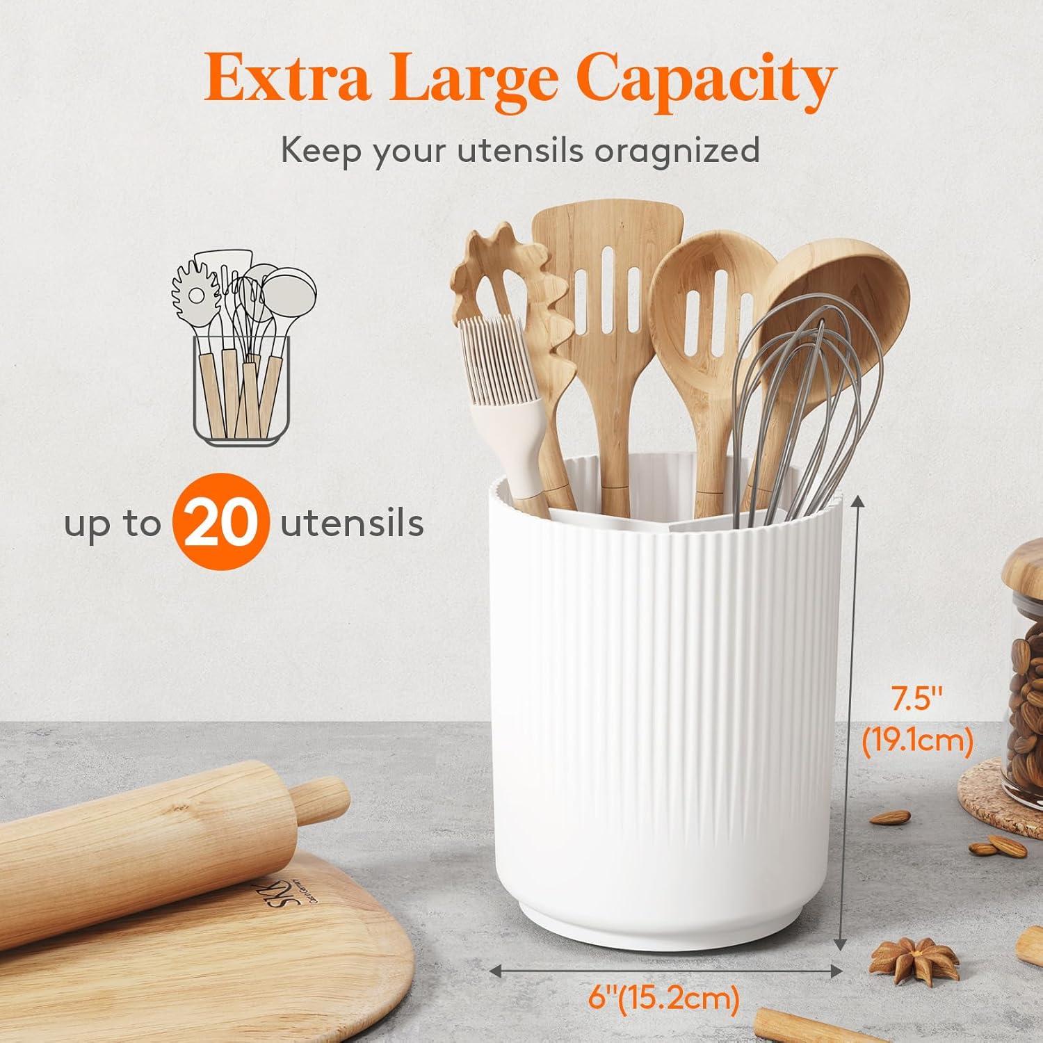 image:imageLifewit 75 Plastic Utensil Holder for Kitchen Counter Cooking Silverware Caddy with NonSlip Rotating Base 3 Compartment Spoon Spatula Cutlery Flatware Organizer with Dry Draining White 1 PackWhite