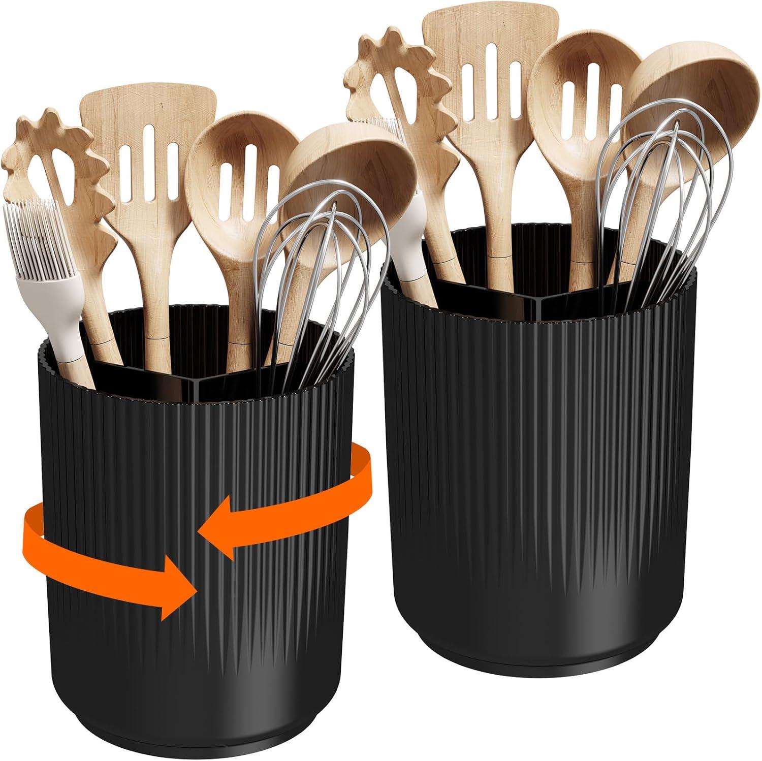image:imageLifewit 75 Plastic Utensil Holder for Kitchen Counter Cooking Silverware Caddy with NonSlip Rotating Base 3 Compartment Spoon Spatula Cutlery Flatware Organizer with Dry Draining White 1 PackBlack