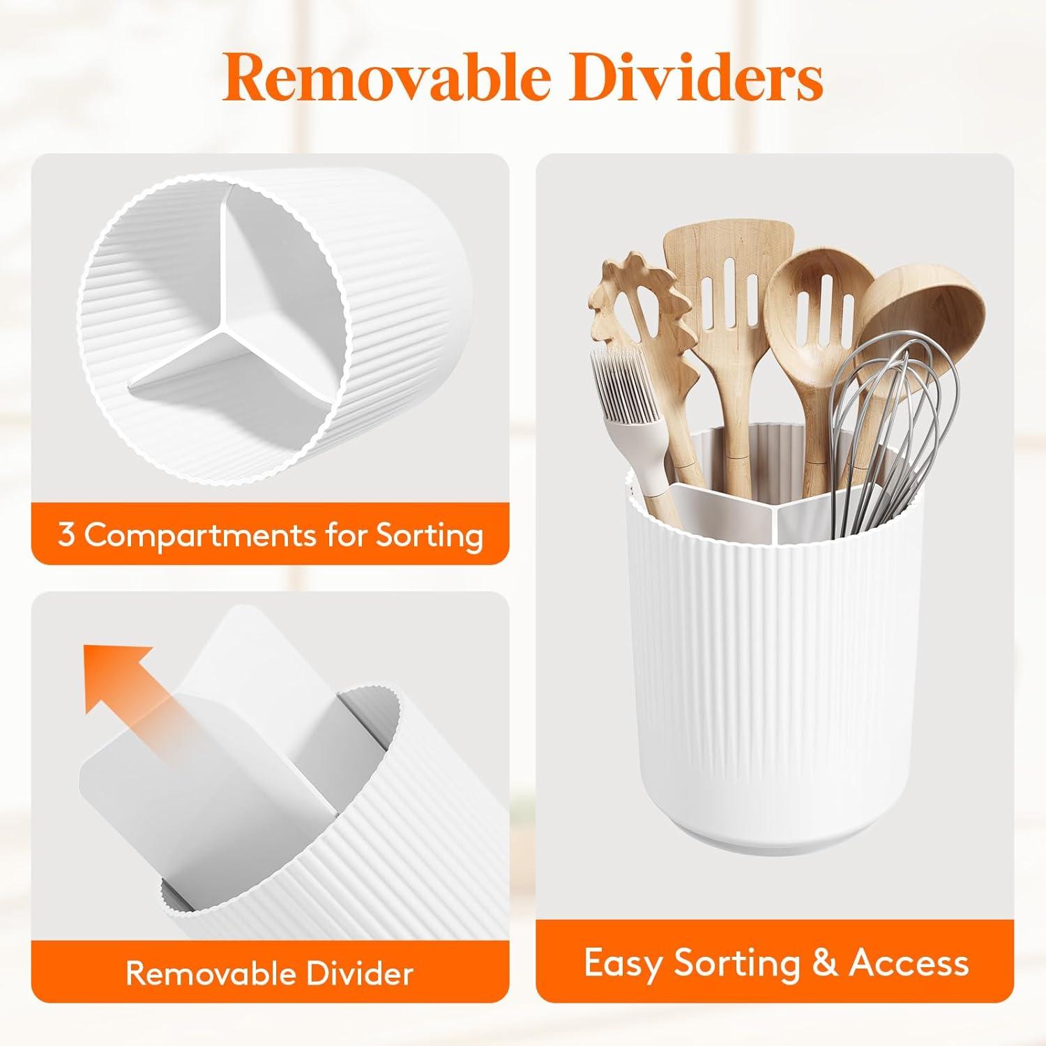 image:imageLifewit 75 Plastic Utensil Holder for Kitchen Counter Cooking Silverware Caddy with NonSlip Rotating Base 3 Compartment Spoon Spatula Cutlery Flatware Organizer with Dry Draining White 1 PackWhite