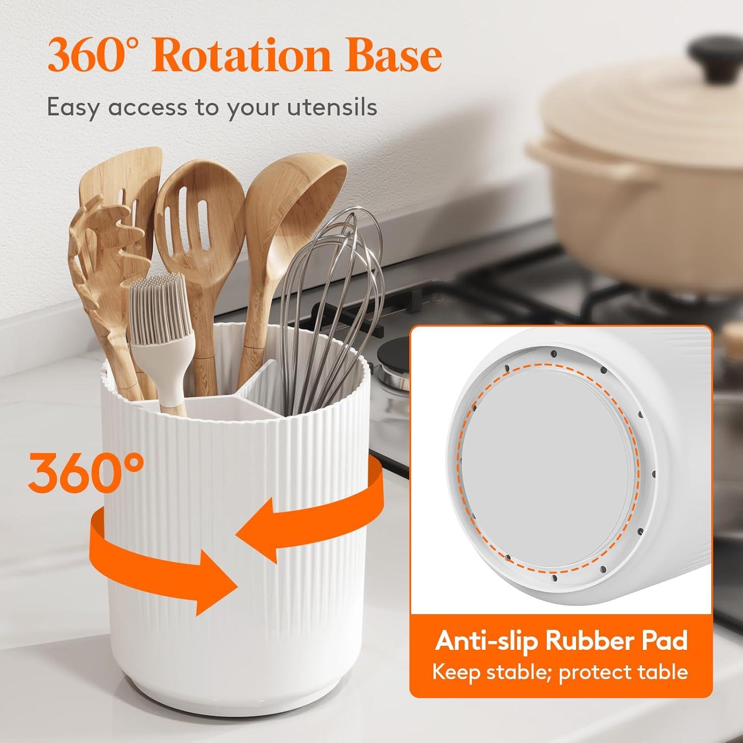image:imageLifewit 75 Plastic Utensil Holder for Kitchen Counter Cooking Silverware Caddy with NonSlip Rotating Base 3 Compartment Spoon Spatula Cutlery Flatware Organizer with Dry Draining White 1 PackWhite