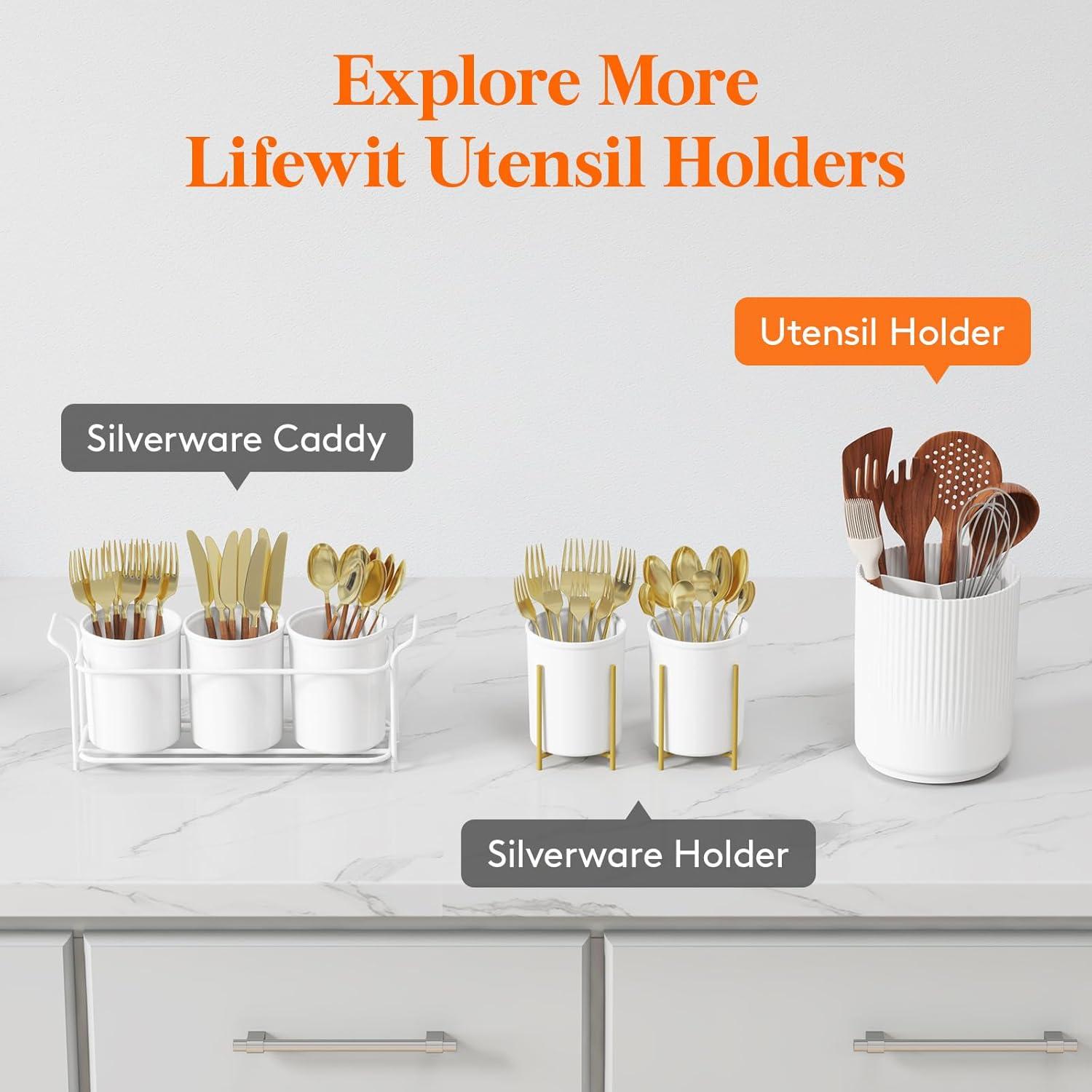 image:imageLifewit 75 Plastic Utensil Holder for Kitchen Counter Cooking Silverware Caddy with NonSlip Rotating Base 3 Compartment Spoon Spatula Cutlery Flatware Organizer with Dry Draining White 1 PackWhite