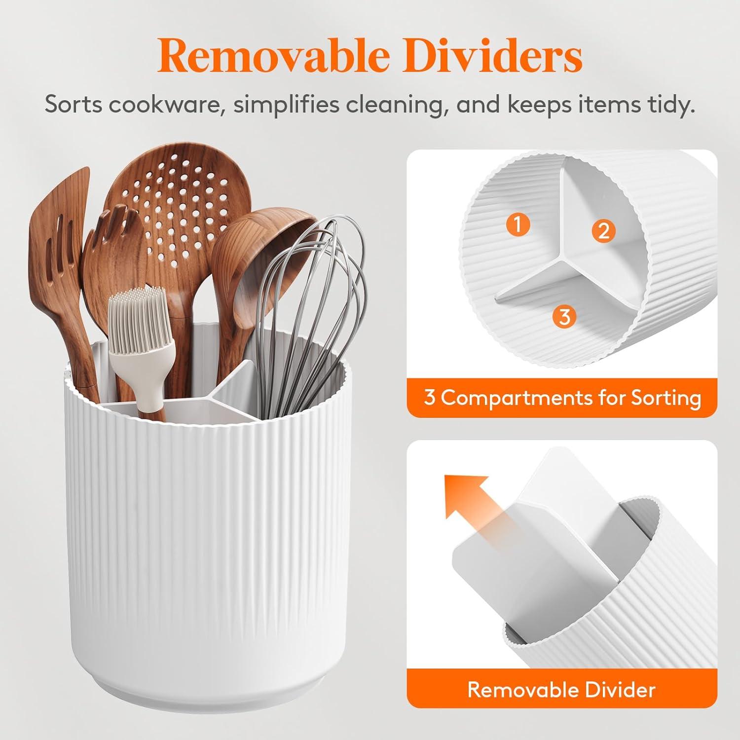 image:imageLifewit 75 Plastic Utensil Holder for Kitchen Counter Cooking Silverware Caddy with NonSlip Rotating Base 3 Compartment Spoon Spatula Cutlery Flatware Organizer with Dry Draining White 1 PackWhite
