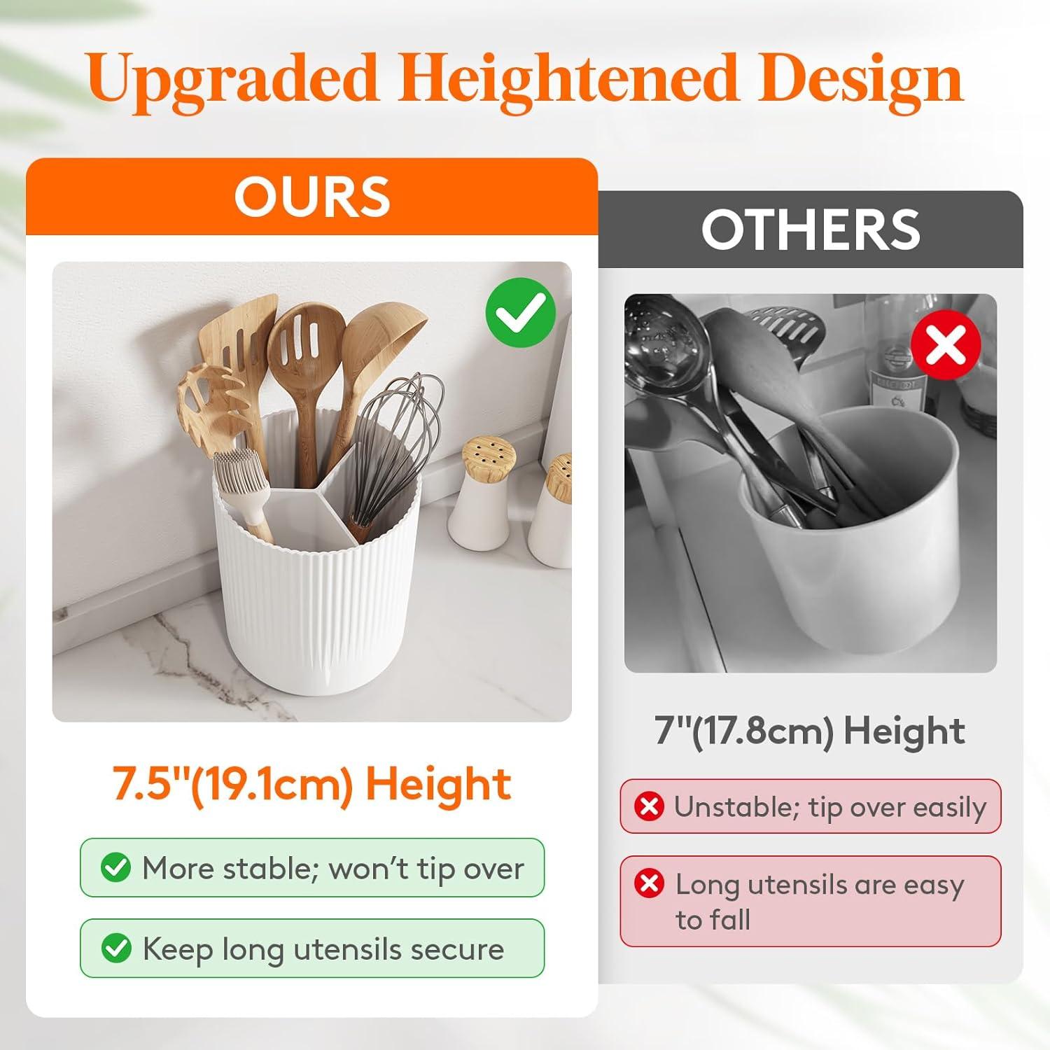 image:imageLifewit 75 Plastic Utensil Holder for Kitchen Counter Cooking Silverware Caddy with NonSlip Rotating Base 3 Compartment Spoon Spatula Cutlery Flatware Organizer with Dry Draining White 1 PackWhite