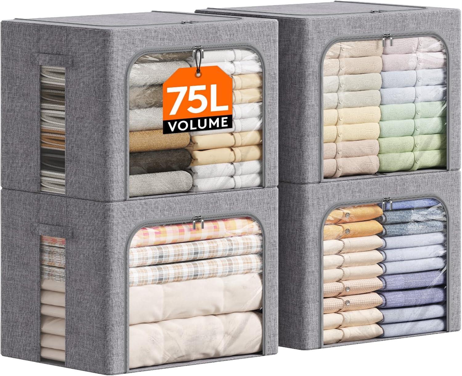 image:imageLifewit Clothes Storage Bins with Metal Frame Stackable Storage Box Foldable Clothing Storage Bins with Lids 40L Storage Bags Fabric Box Organizer with Clear Window Zippers Sturdy Handles 4 Pack4
