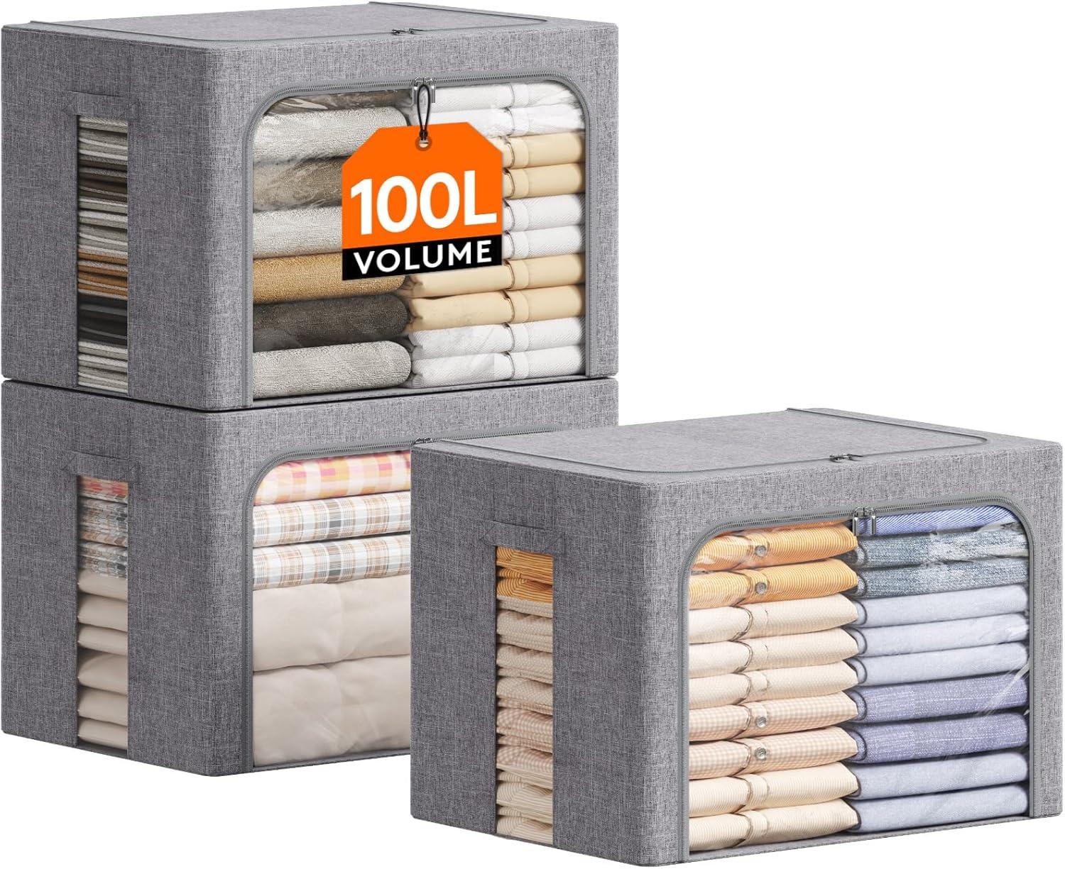 image:imageLifewit Clothes Storage Bins with Metal Frame Stackable Storage Box Foldable Clothing Storage Bins with Lids 40L Storage Bags Fabric Box Organizer with Clear Window Zippers Sturdy Handles 4 Pack3