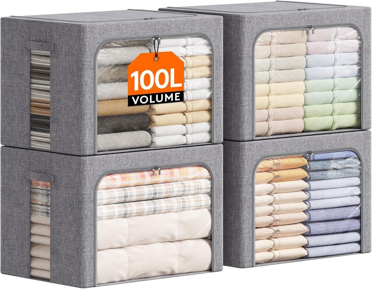 image:imageLifewit Clothes Storage Bins with Metal Frame Stackable Storage Box Foldable Clothing Storage Bins with Lids 40L Storage Bags Fabric Box Organizer with Clear Window Zippers Sturdy Handles 4 Pack4