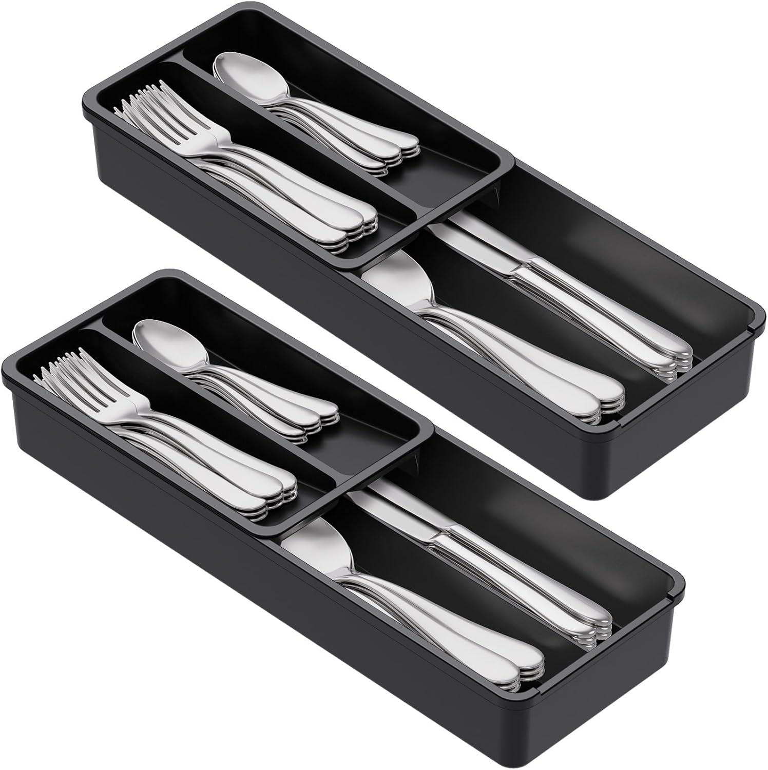 image:imageLifewit Compact Silverware Organizer for Kitchen Drawer Narrow Flatware Tray Holder Plastic Cutlery Spoons Forks and Knives Storage WhiteampGray 1 PackBlack