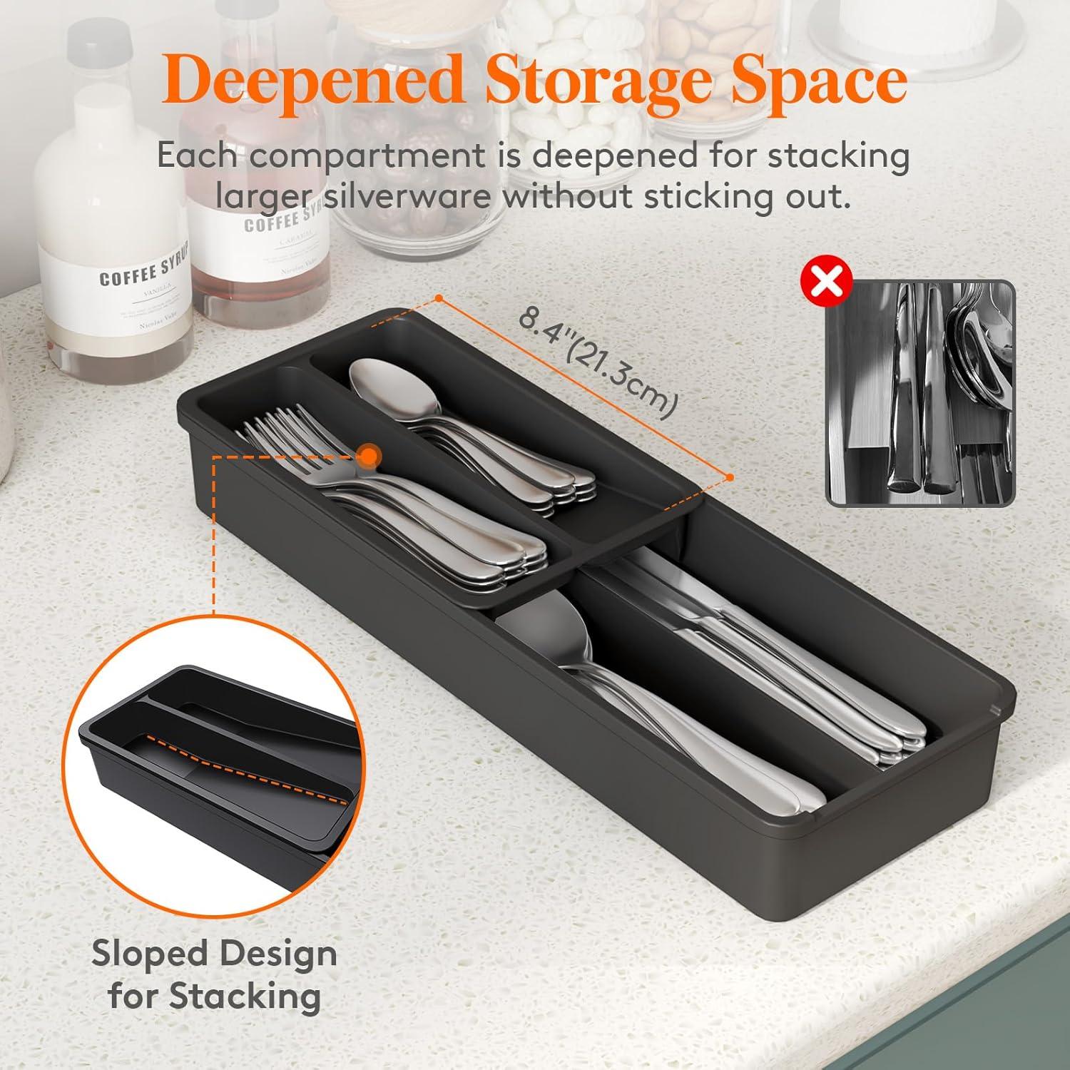 image:imageLifewit Compact Silverware Organizer for Kitchen Drawer Narrow Flatware Tray Holder Plastic Cutlery Spoons Forks and Knives Storage WhiteampGray 1 PackBlack