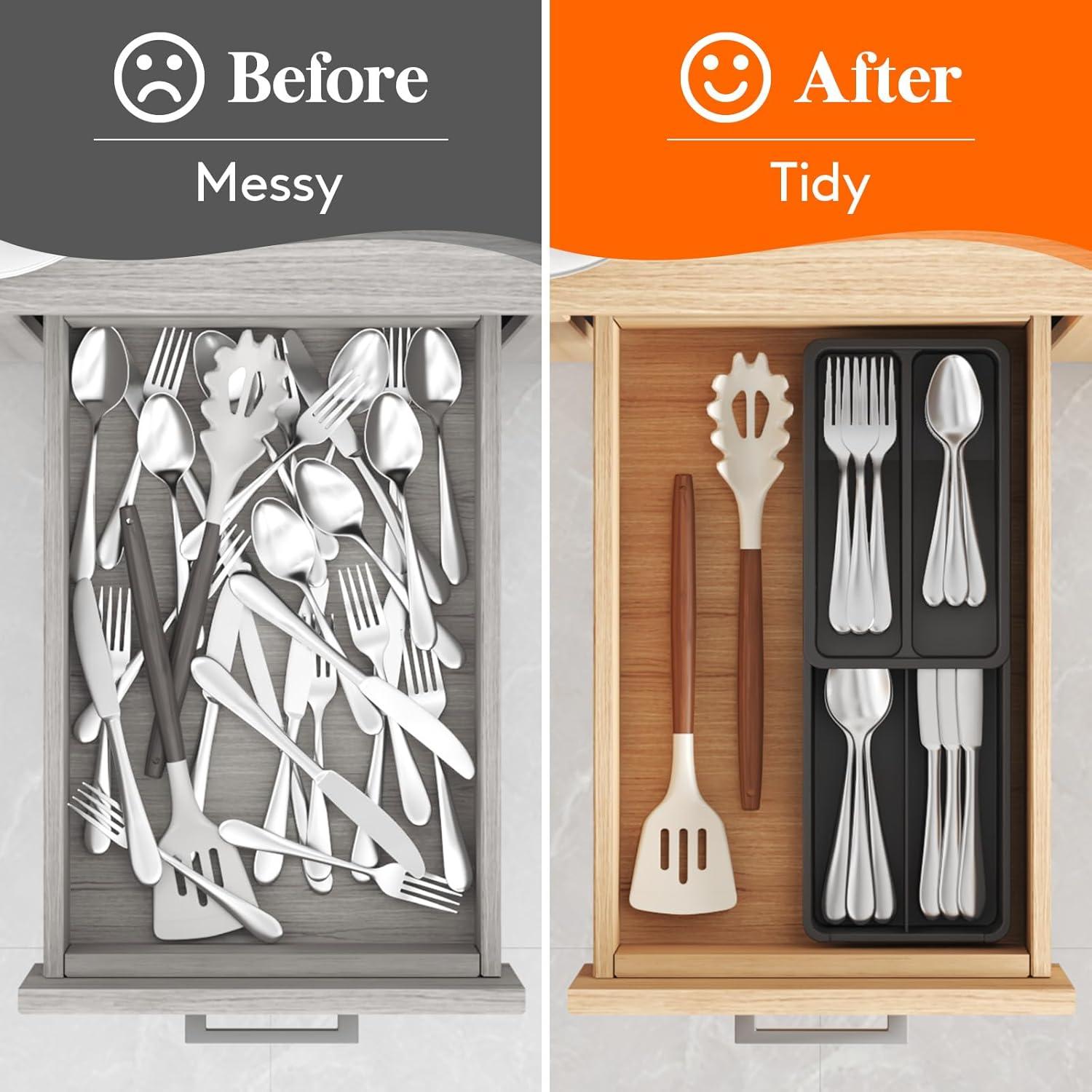 image:imageLifewit Compact Silverware Organizer for Kitchen Drawer Narrow Flatware Tray Holder Plastic Cutlery Spoons Forks and Knives Storage WhiteampGray 1 PackBlack