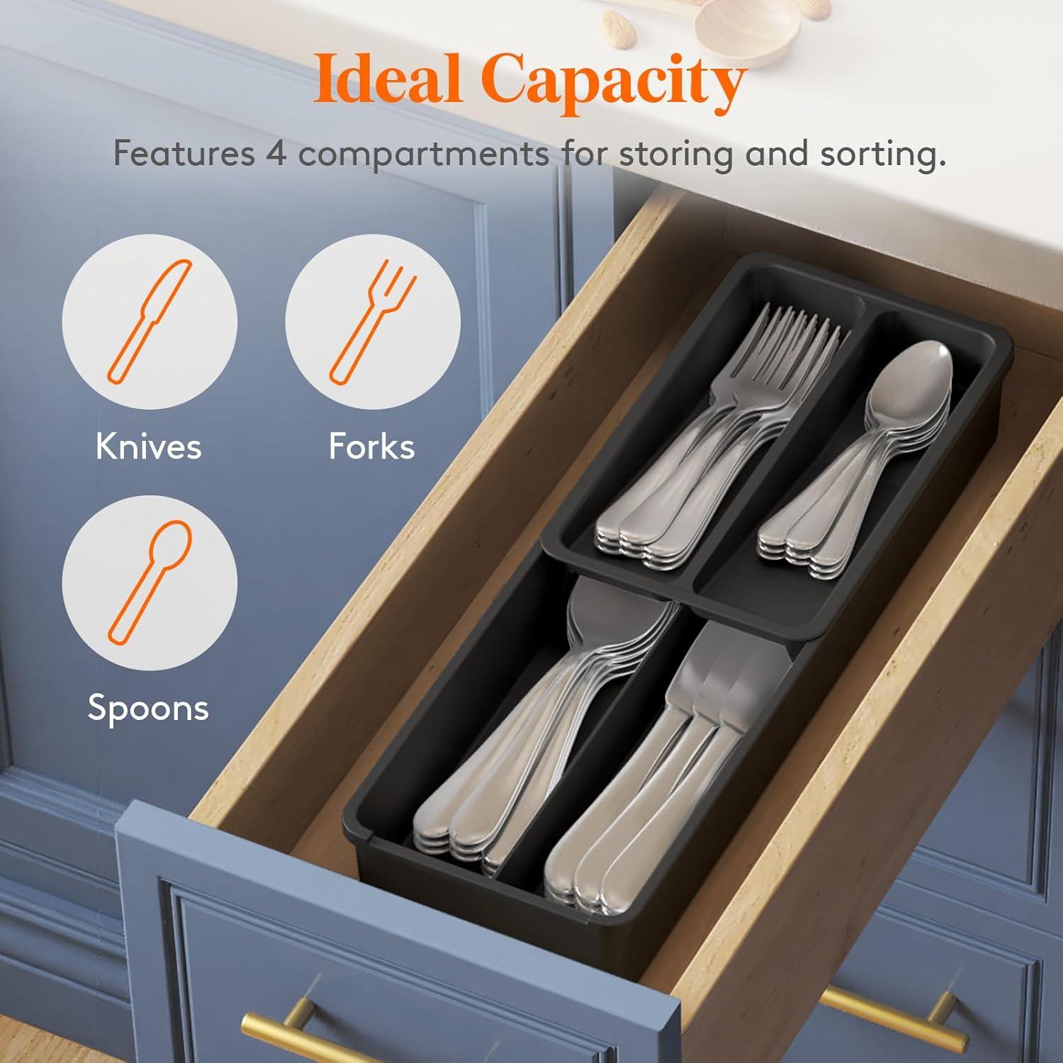 image:imageLifewit Compact Silverware Organizer for Kitchen Drawer Narrow Flatware Tray Holder Plastic Cutlery Spoons Forks and Knives Storage WhiteampGray 1 PackBlack