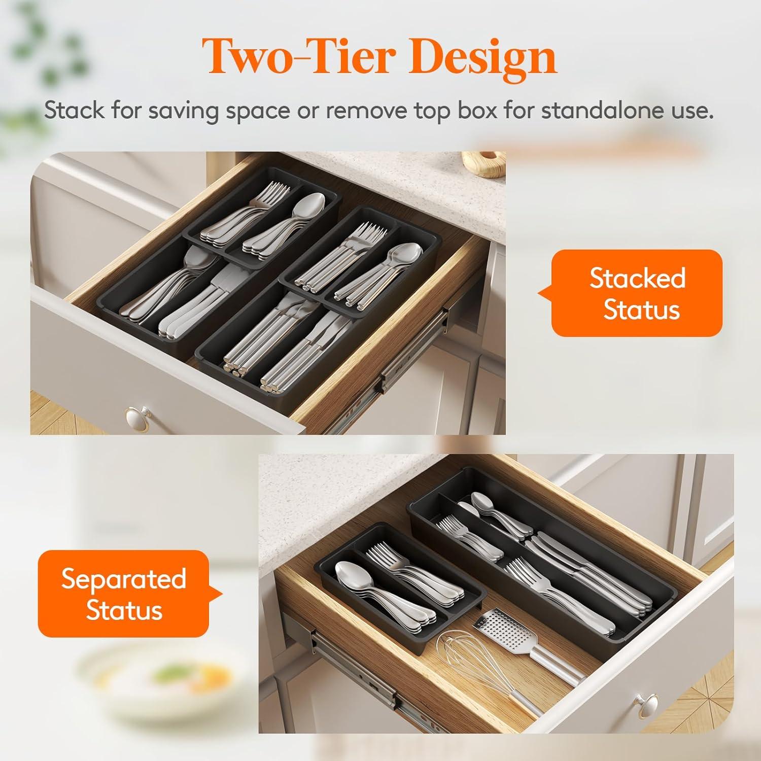 image:imageLifewit Compact Silverware Organizer for Kitchen Drawer Narrow Flatware Tray Holder Plastic Cutlery Spoons Forks and Knives Storage WhiteampGray 1 PackBlack