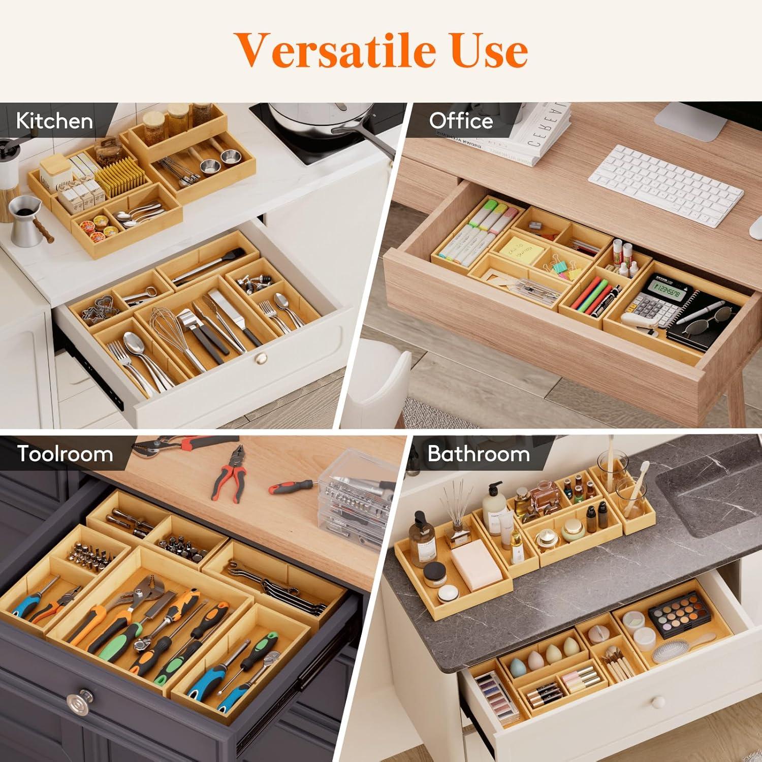 image:imageLifewit Drawer Organizer 15 Pack33 Grid with 18 Inserts Wooden Adjustable Desk Drawer Divider Trays Storage Bins for Makeup Kitchen Utensils Vanity Accessories in OfficeBathroomBedroom10