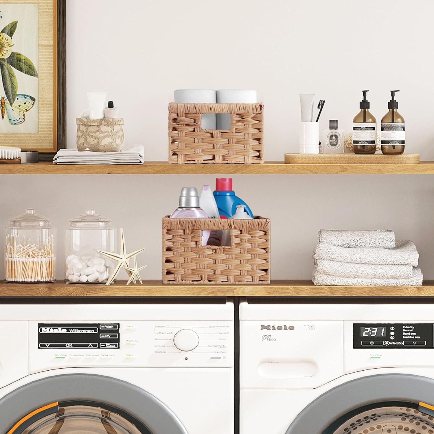 image:imageLifewit Handwoven PP Wicker Storage Basket Waterproof Imitation Rattan Basket with Builtin Handles Rectangle Baskets for Organizing Shelves Pantry Burlywood 2Pack LargeMediumBurlywood