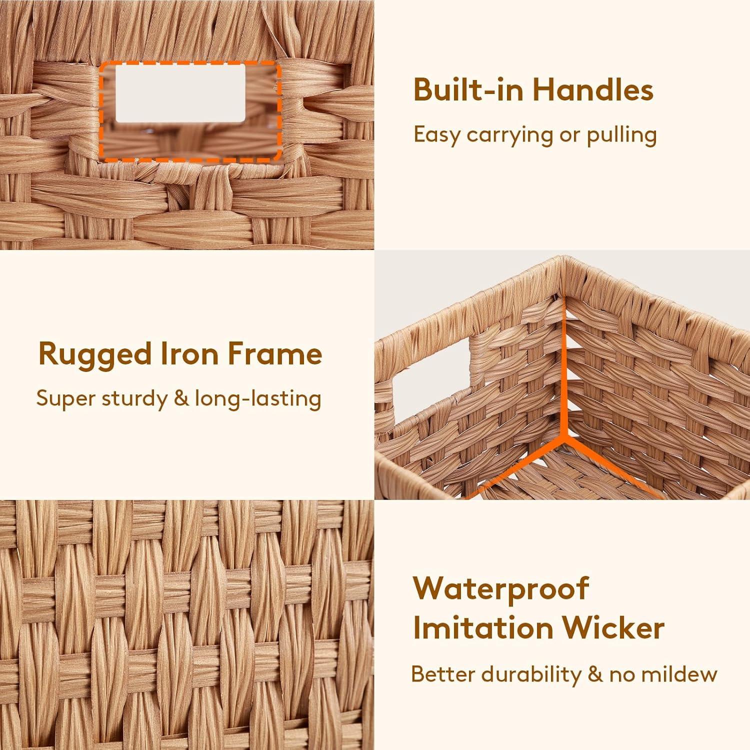 image:imageLifewit Handwoven PP Wicker Storage Basket Waterproof Imitation Rattan Basket with Builtin Handles Rectangle Baskets for Organizing Shelves Pantry Burlywood 2Pack LargeMediumBurlywood