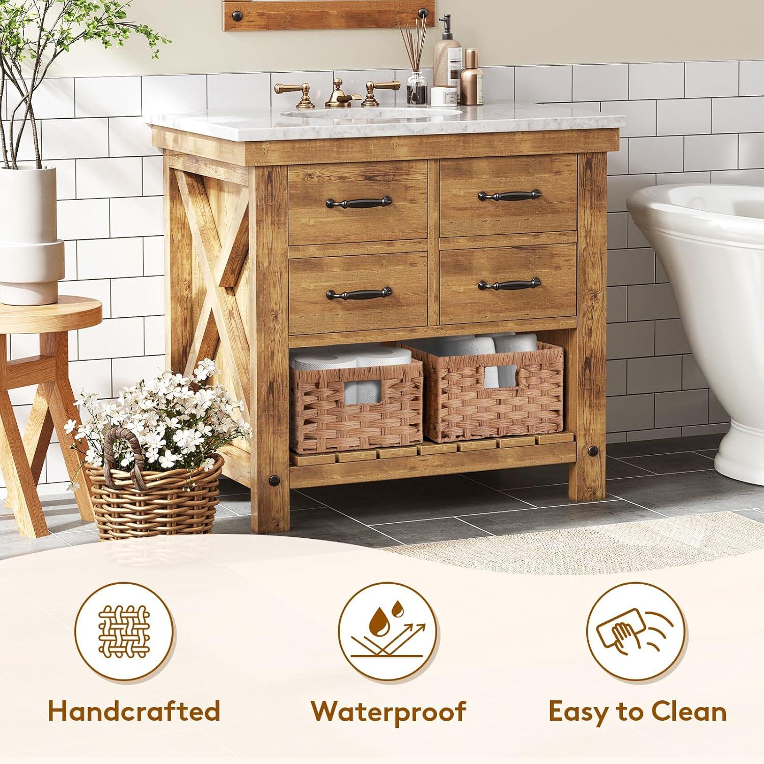 image:imageLifewit Handwoven PP Wicker Storage Basket Waterproof Imitation Rattan Basket with Builtin Handles Rectangle Baskets for Organizing Shelves Pantry Burlywood 2Pack LargeMediumBurlywood