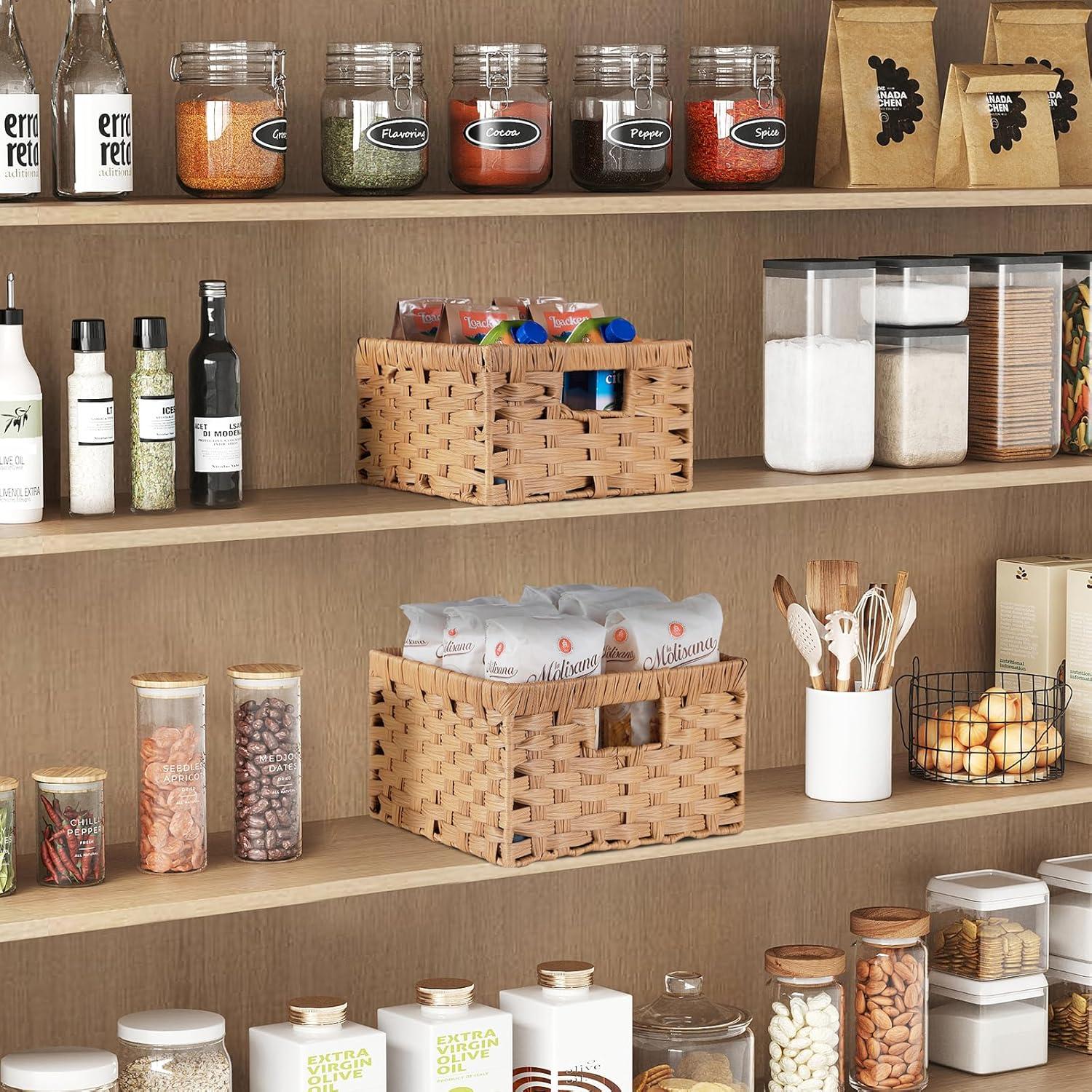 image:imageLifewit Handwoven PP Wicker Storage Basket Waterproof Imitation Rattan Basket with Builtin Handles Rectangle Baskets for Organizing Shelves Pantry Burlywood 2Pack LargeMediumBurlywood