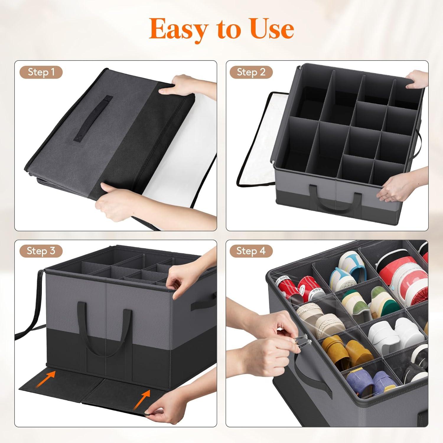 image:imageLifewit Shoe Storage Organizer for Closet Fabric Large Shoe Box Storage Containers with Clear Cover Foldable Bins for Boots Heels Sneakers Fits 2432 Pairs Each 1216 Pairs 2 Pack GrayGray and Black