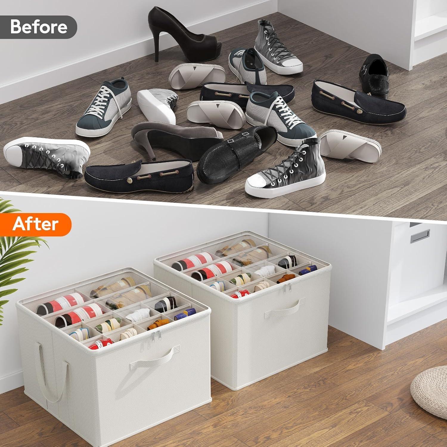 image:imageLifewit Shoe Storage Organizer for Closet Fabric Large Shoe Box Storage Containers with Clear Cover Foldable Bins for Boots Heels Sneakers Fits 2432 Pairs Each 1216 Pairs 2 Pack GrayWhite