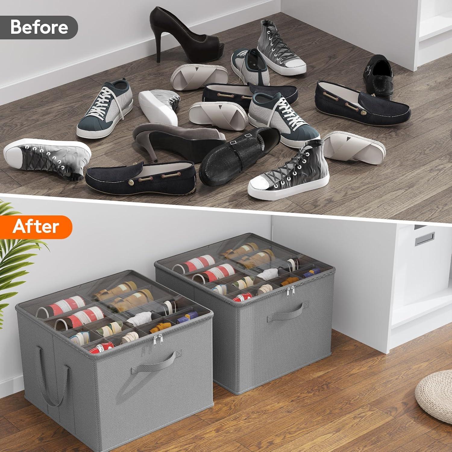 image:imageLifewit Shoe Storage Organizer for Closet Fabric Large Shoe Box Storage Containers with Clear Cover Foldable Bins for Boots Heels Sneakers Fits 2432 Pairs Each 1216 Pairs 2 Pack GrayLight Gray