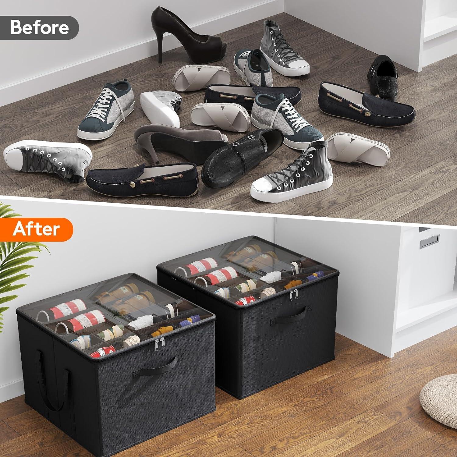 image:imageLifewit Shoe Storage Organizer for Closet Fabric Large Shoe Box Storage Containers with Clear Cover Foldable Bins for Boots Heels Sneakers Fits 2432 Pairs Each 1216 Pairs 2 Pack GrayBlack