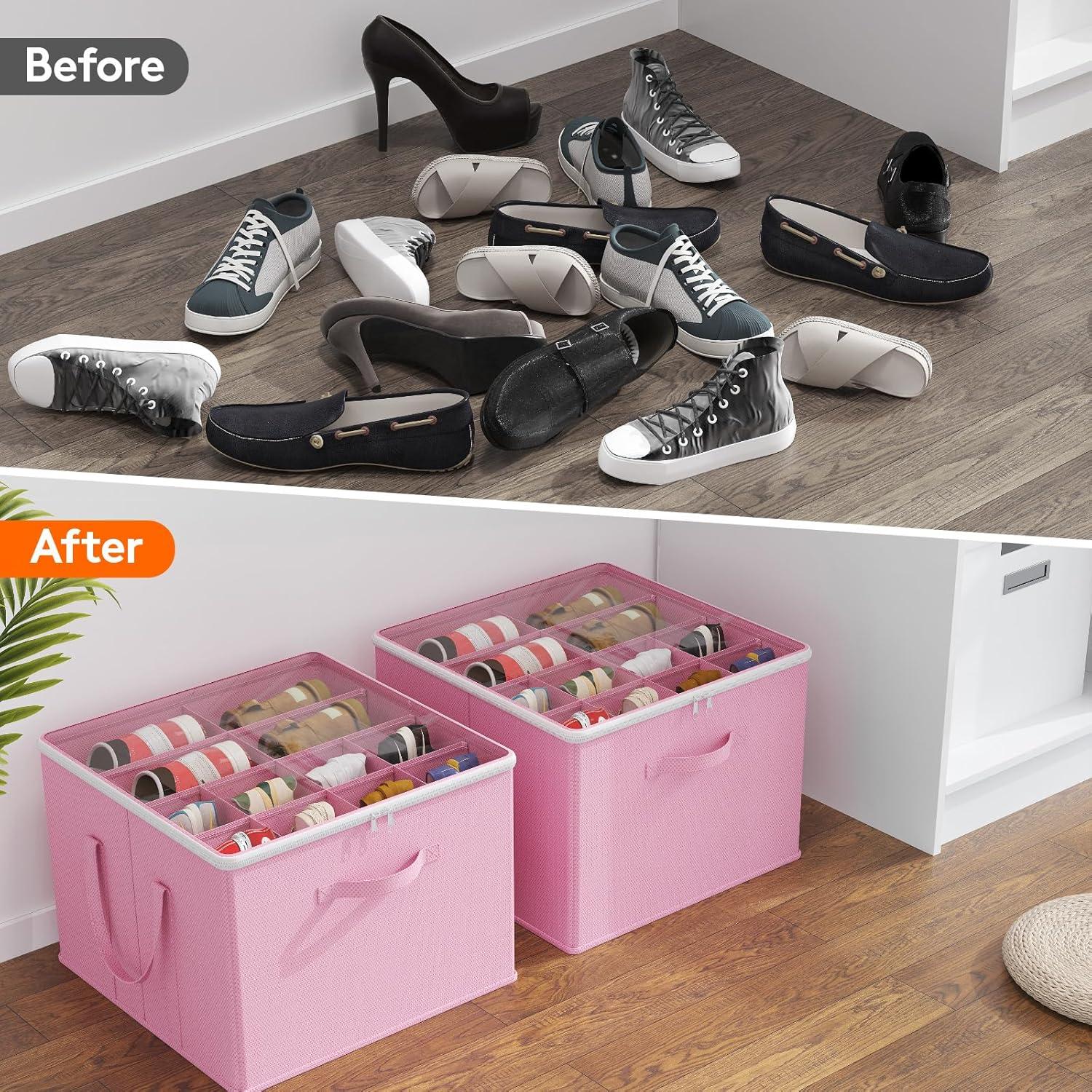 image:imageLifewit Shoe Storage Organizer for Closet Fabric Large Shoe Box Storage Containers with Clear Cover Foldable Bins for Boots Heels Sneakers Fits 2432 Pairs Each 1216 Pairs 2 Pack GrayPink