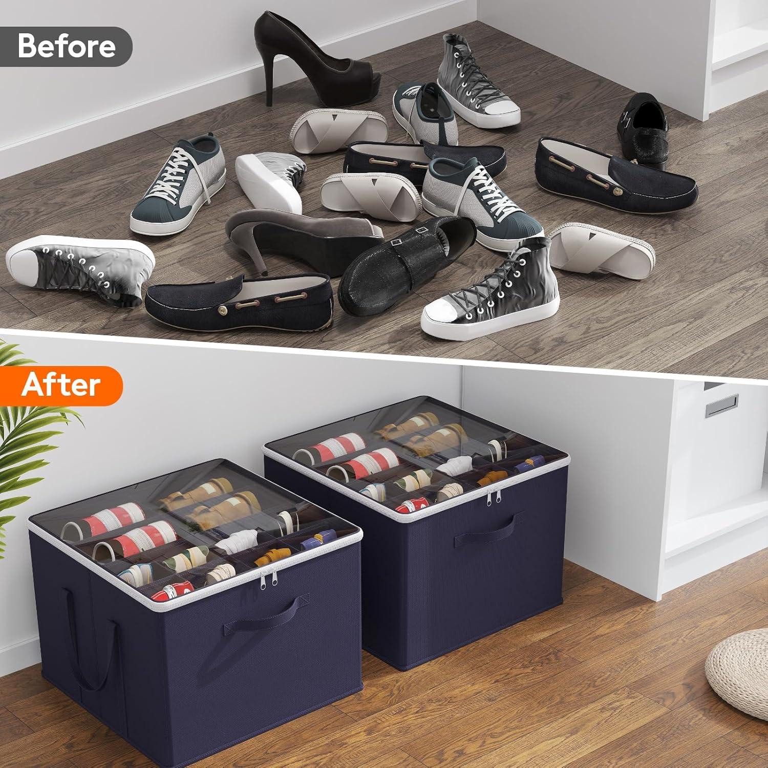 image:imageLifewit Shoe Storage Organizer for Closet Fabric Large Shoe Box Storage Containers with Clear Cover Foldable Bins for Boots Heels Sneakers Fits 2432 Pairs Each 1216 Pairs 2 Pack GrayBlue