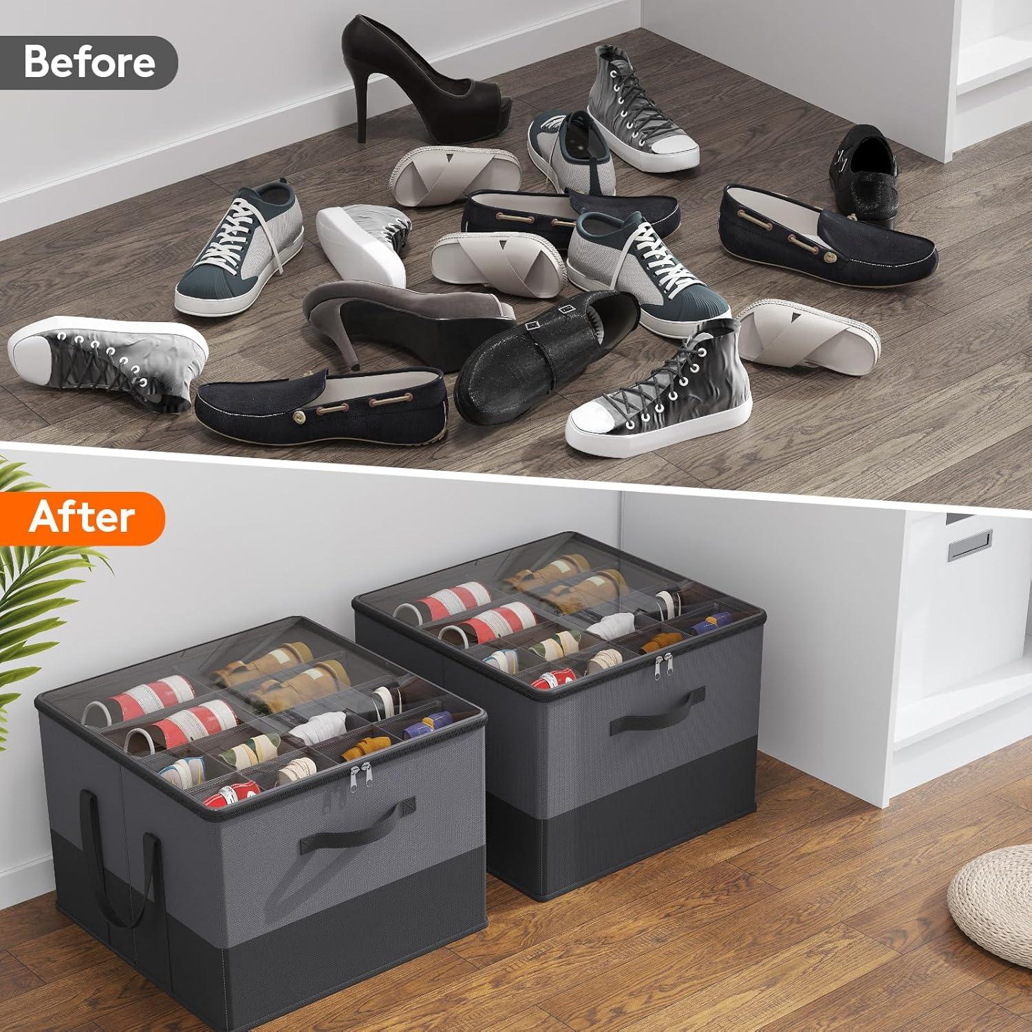image:imageLifewit Shoe Storage Organizer for Closet Fabric Large Shoe Box Storage Containers with Clear Cover Foldable Bins for Boots Heels Sneakers Fits 2432 Pairs Each 1216 Pairs 2 Pack GrayGray and Black