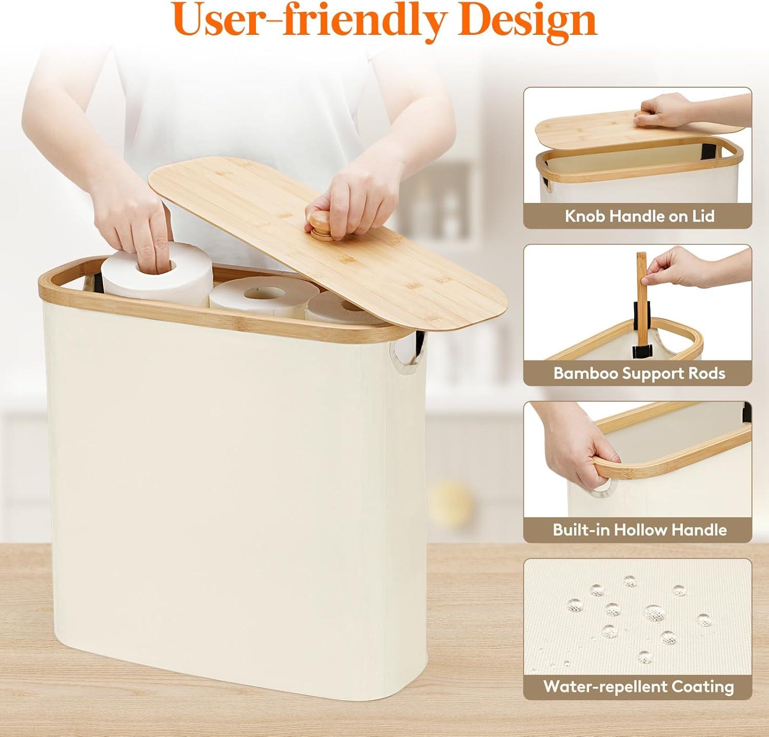 image:imageLifewit Toilet Paper Storage Holder for 12 to 16 Rolls Free Standing Toilet Paper Basket Stand with Bamboo Lid Collapsible Fabric Bathroom Organizer Box for Mega Rolls 30L Extra Large WhiteWhite