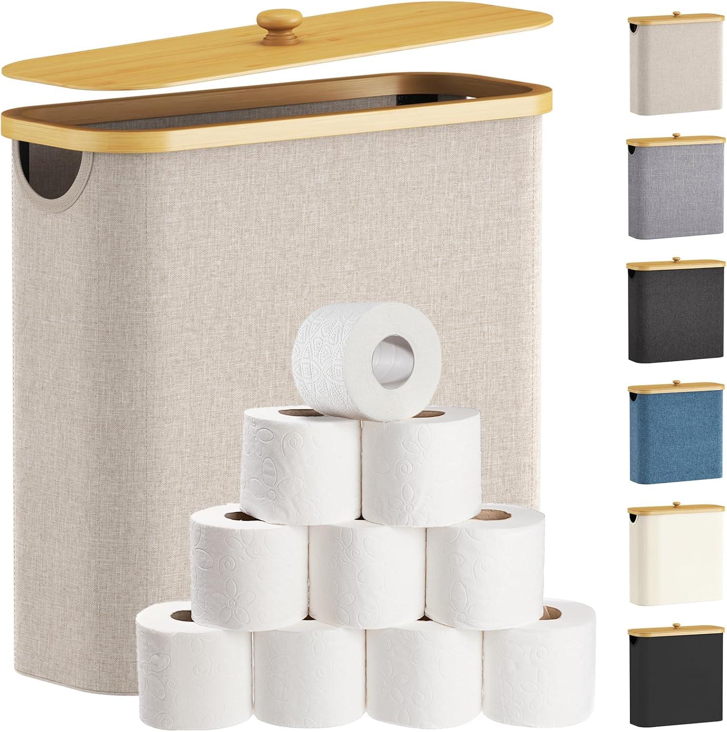 image:imageLifewit Toilet Paper Storage Holder for 12 to 16 Rolls Free Standing Toilet Paper Basket Stand with Bamboo Lid Collapsible Fabric Bathroom Organizer Box for Mega Rolls 30L Extra Large WhiteBeige