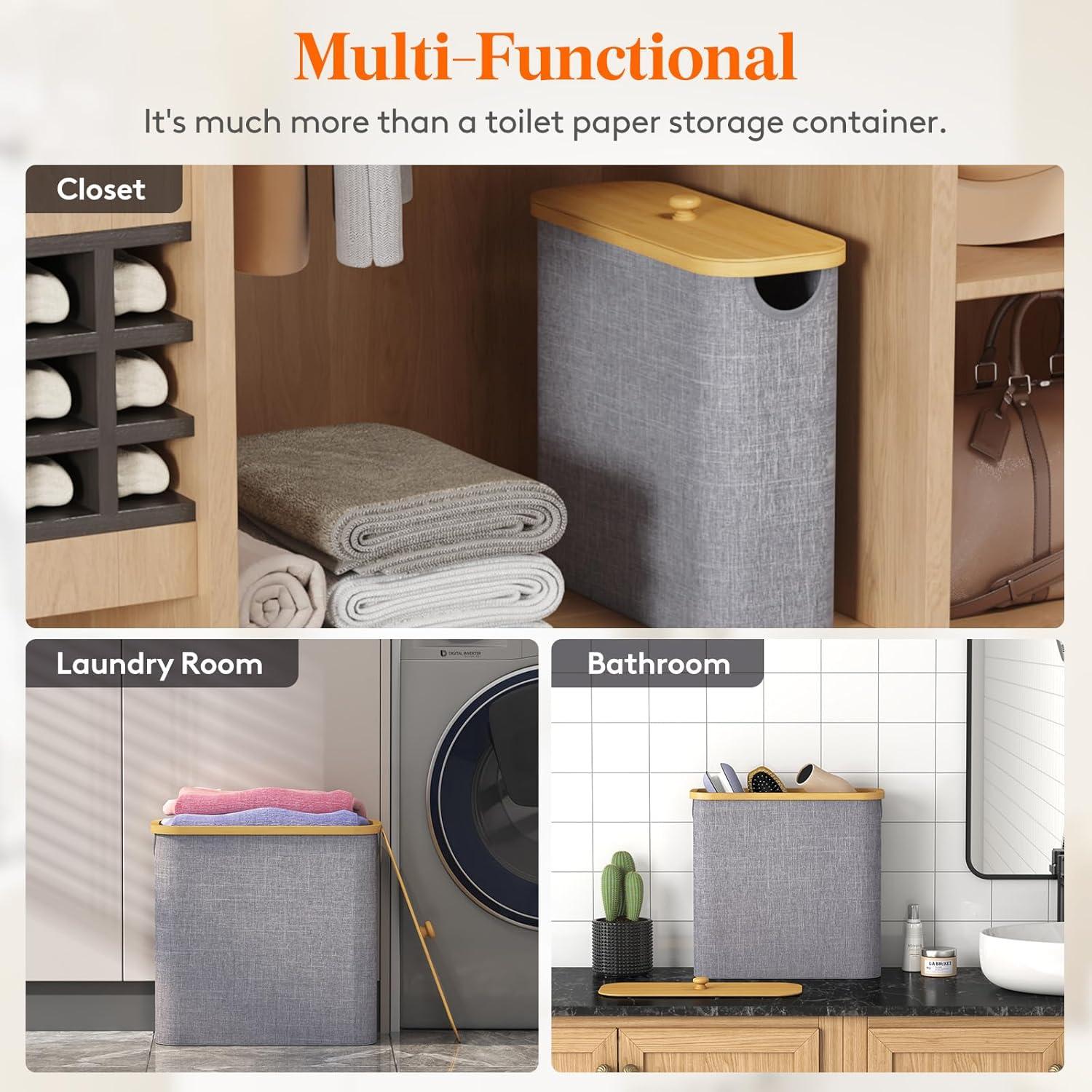 image:imageLifewit Toilet Paper Storage Holder for 12 to 16 Rolls Free Standing Toilet Paper Basket Stand with Bamboo Lid Collapsible Fabric Bathroom Organizer Box for Mega Rolls 30L Extra Large WhiteGray