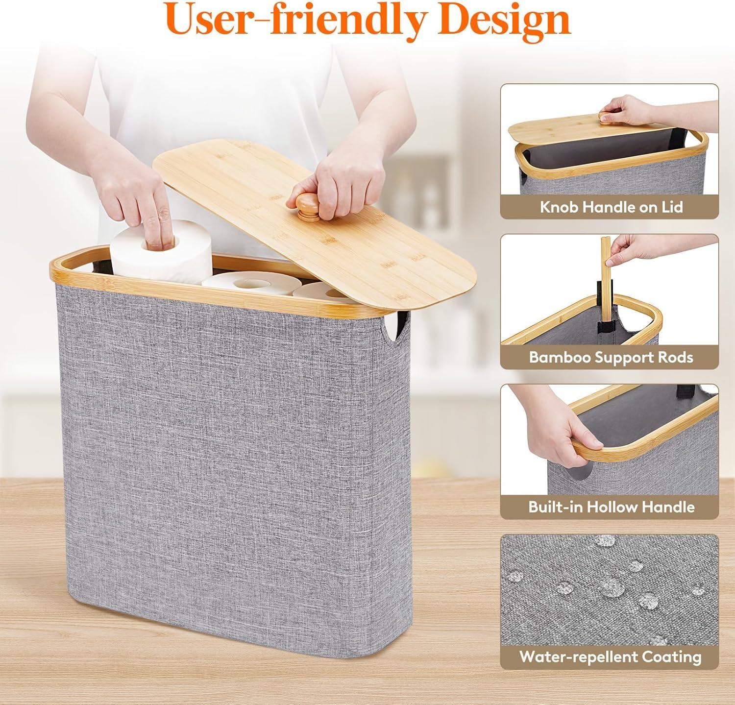 image:imageLifewit Toilet Paper Storage Holder for 12 to 16 Rolls Free Standing Toilet Paper Basket Stand with Bamboo Lid Collapsible Fabric Bathroom Organizer Box for Mega Rolls 30L Extra Large WhiteGray