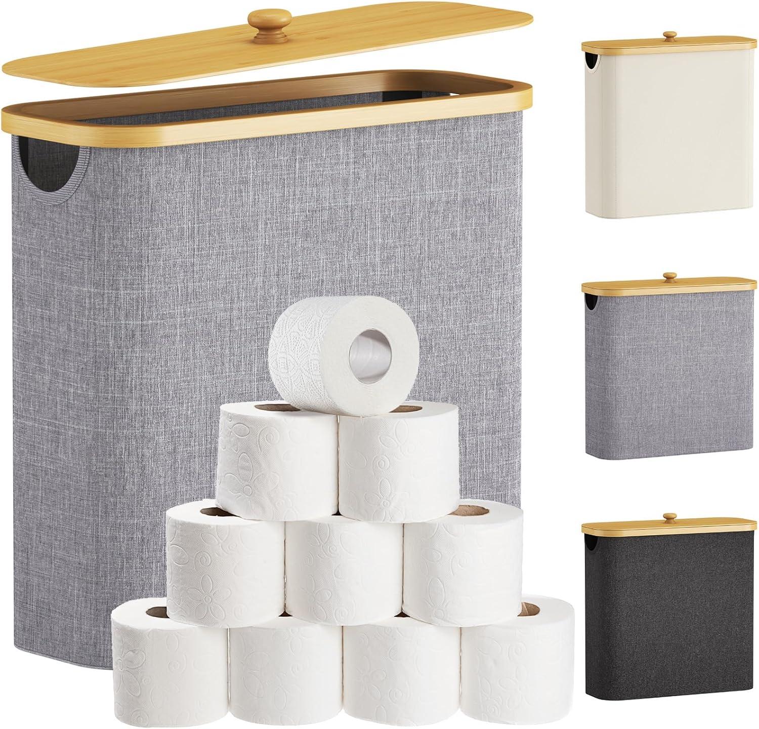 image:imageLifewit Toilet Paper Storage Holder for 12 to 16 Rolls Free Standing Toilet Paper Basket Stand with Bamboo Lid Collapsible Fabric Bathroom Organizer Box for Mega Rolls 30L Extra Large WhiteGray