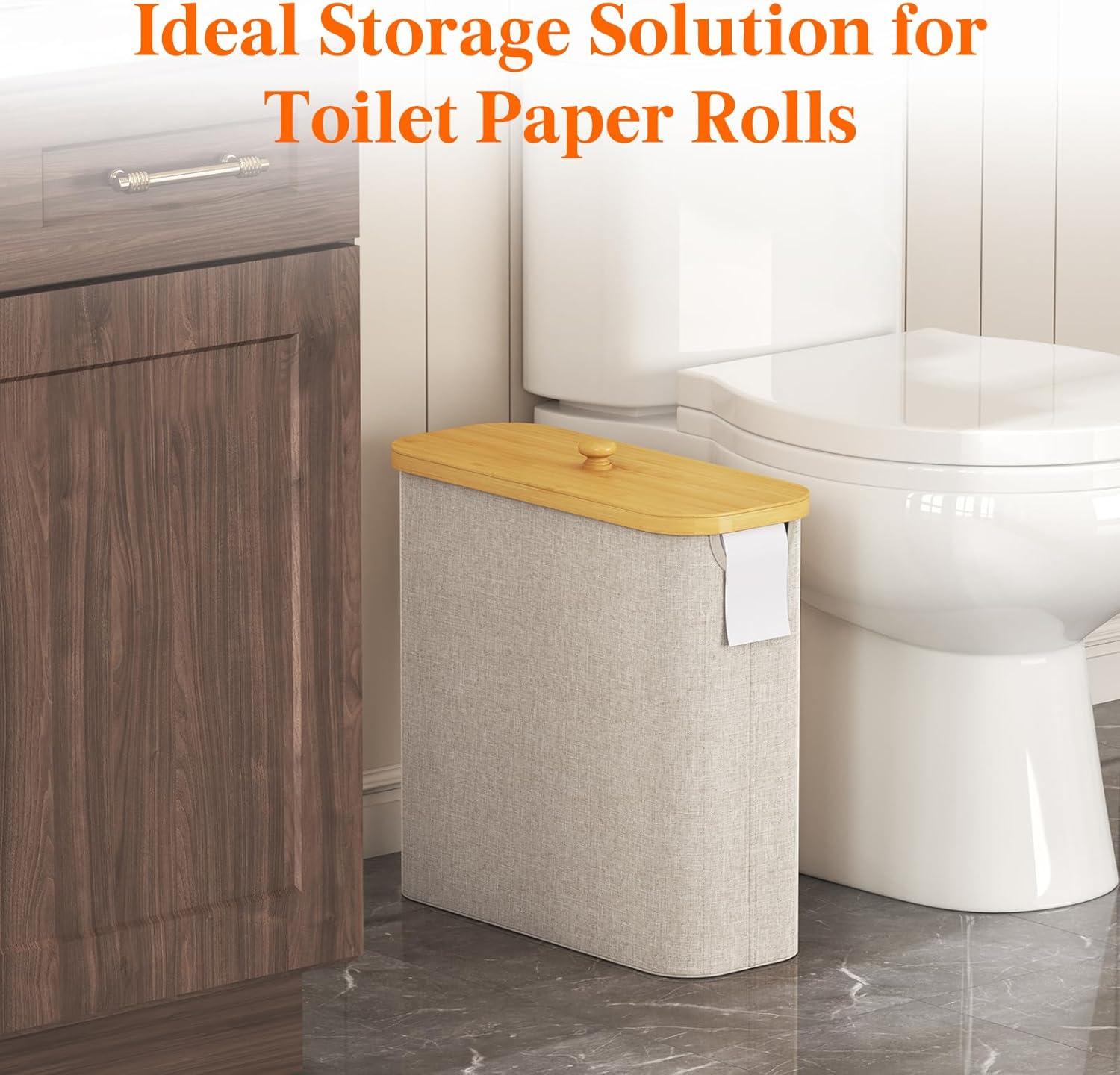 image:imageLifewit Toilet Paper Storage Holder for 12 to 16 Rolls Free Standing Toilet Paper Basket Stand with Bamboo Lid Collapsible Fabric Bathroom Organizer Box for Mega Rolls 30L Extra Large WhiteBeige