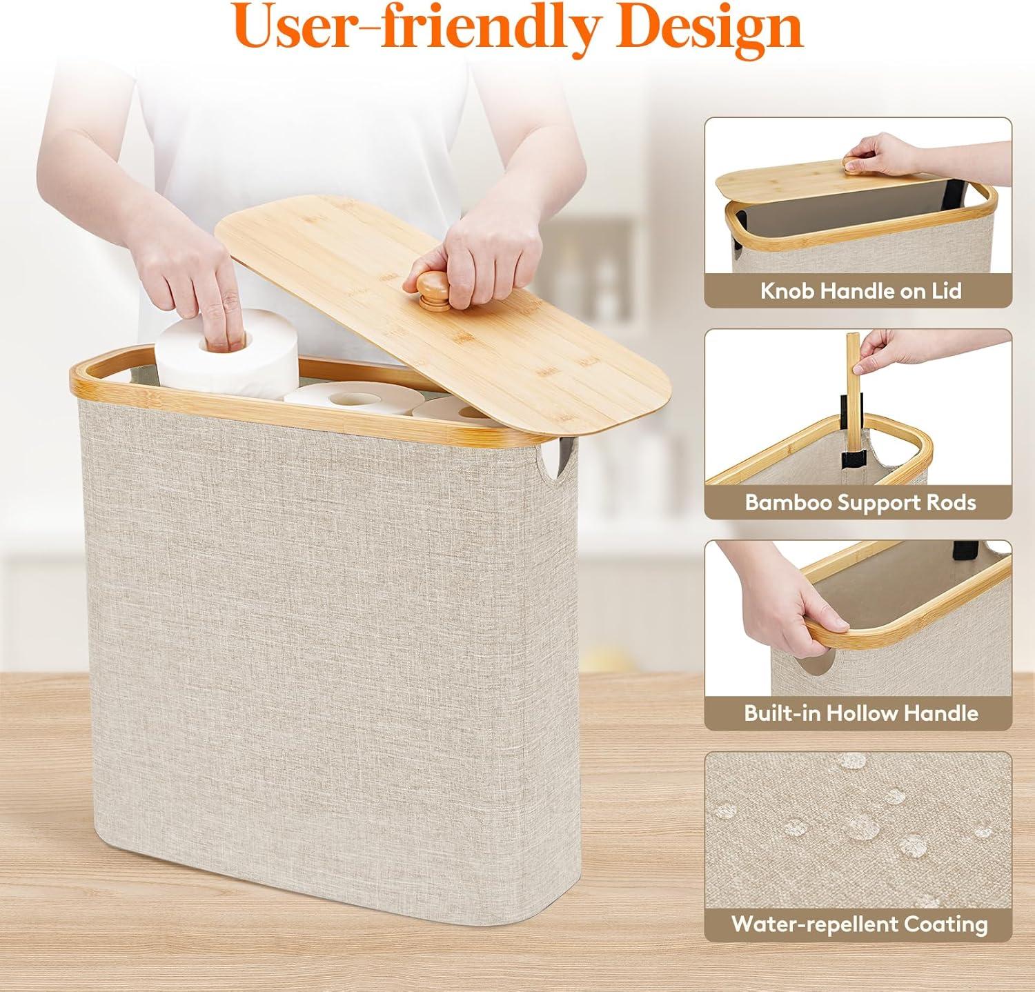 image:imageLifewit Toilet Paper Storage Holder for 12 to 16 Rolls Free Standing Toilet Paper Basket Stand with Bamboo Lid Collapsible Fabric Bathroom Organizer Box for Mega Rolls 30L Extra Large WhiteBeige
