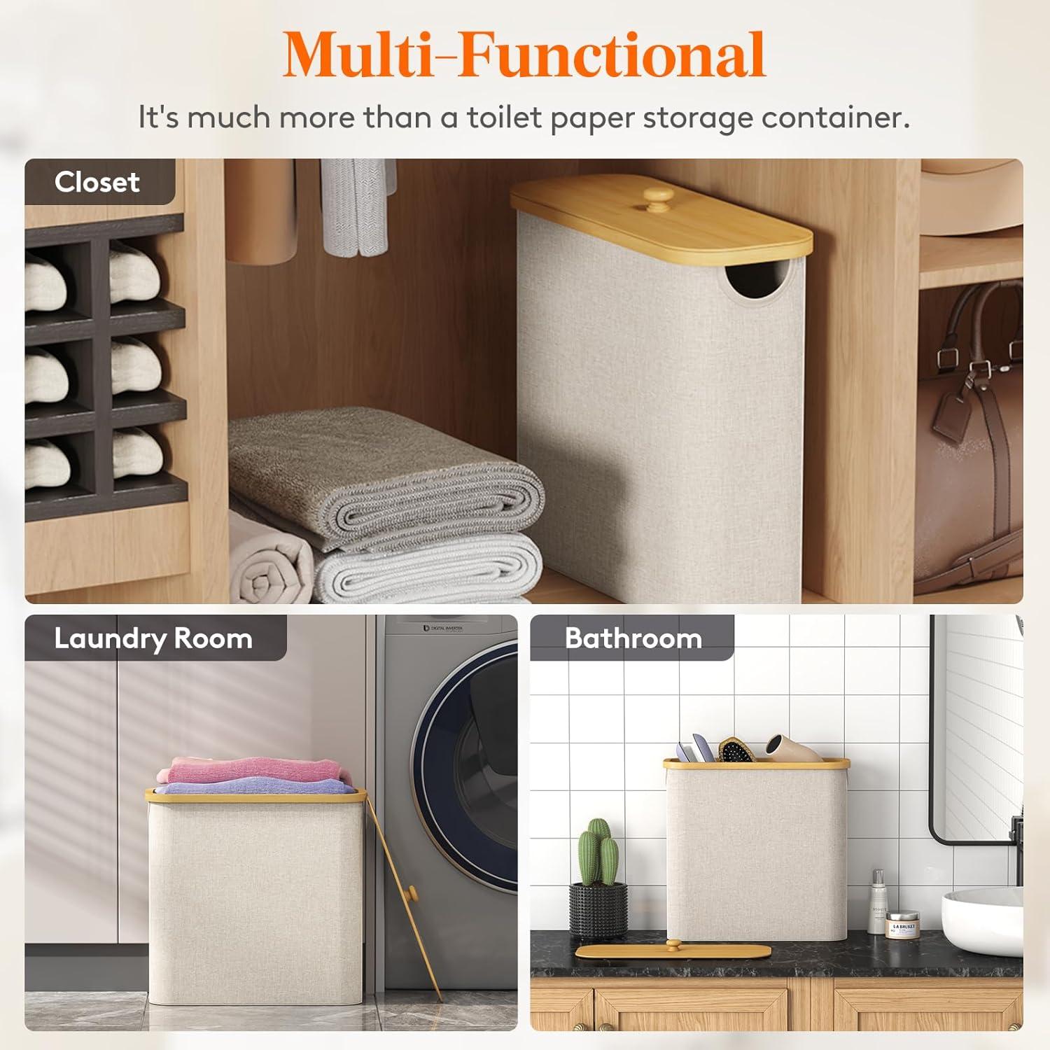 image:imageLifewit Toilet Paper Storage Holder for 12 to 16 Rolls Free Standing Toilet Paper Basket Stand with Bamboo Lid Collapsible Fabric Bathroom Organizer Box for Mega Rolls 30L Extra Large WhiteBeige